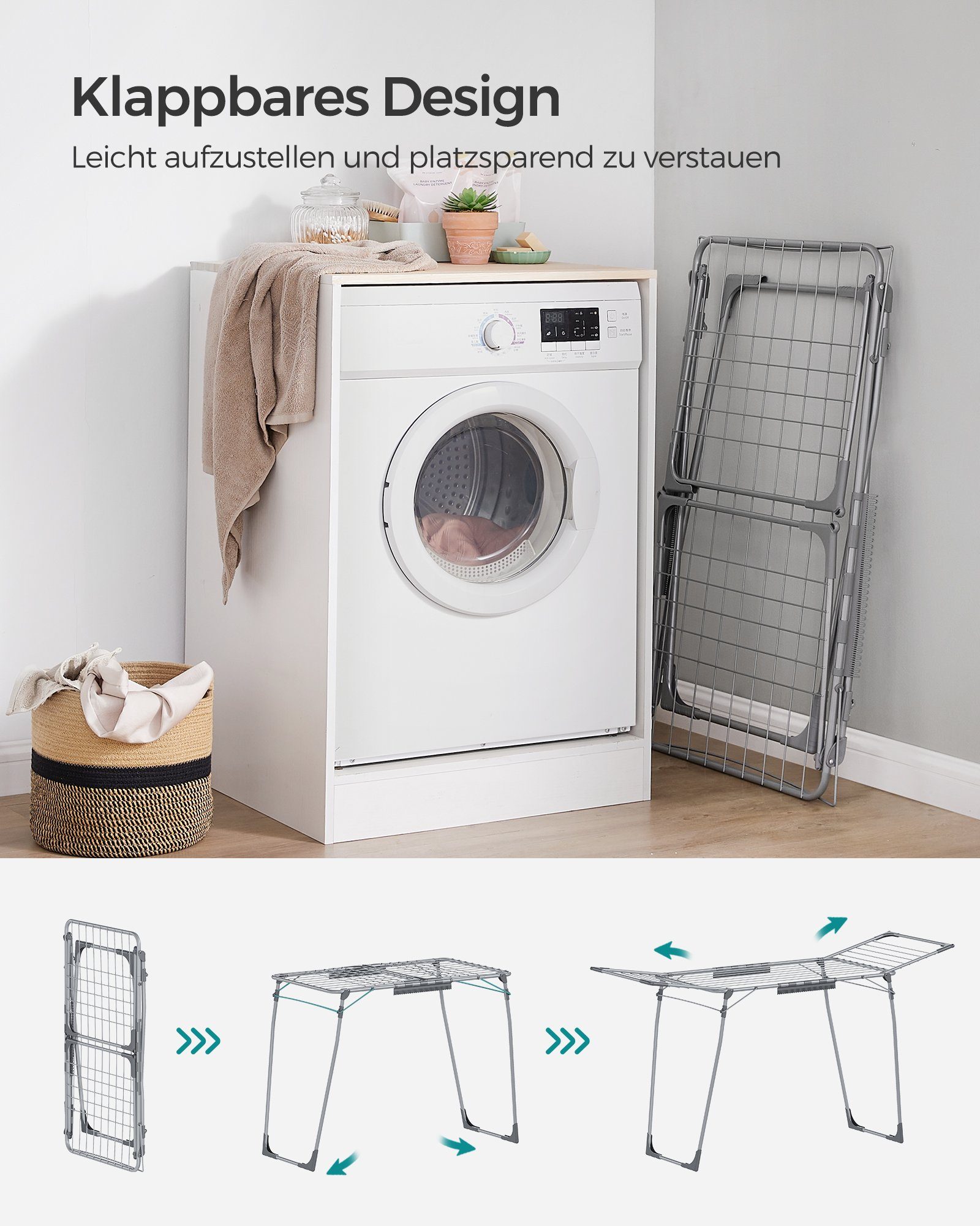 SONGMICS Wäscheständer Standtrockner, mit Sockenhalter, Metall, für Kleidung, Handtücher, 52,5 x 173 x 96,5 cm, Flügelwäschetrockner platzsparend, grau – Bild 5 von 5