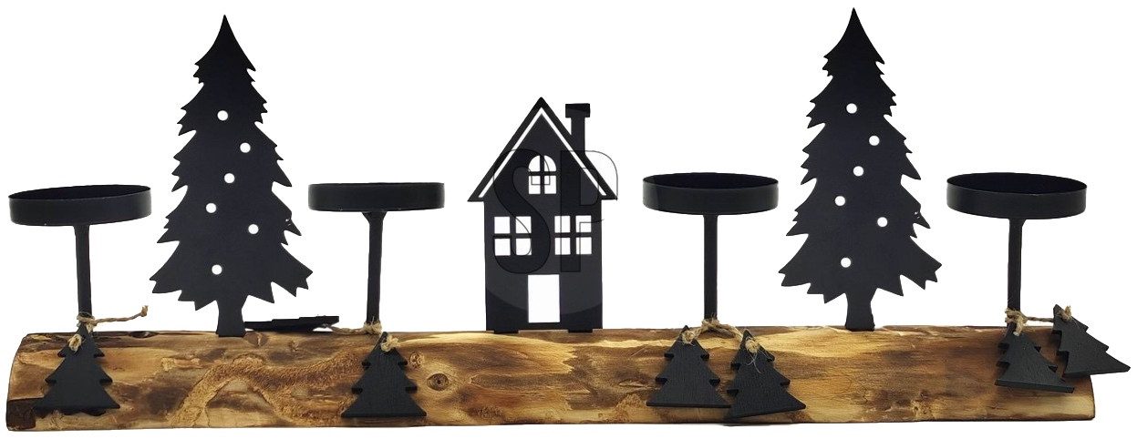 Teelichthalter Teelichthalter Weihnacht Holz Metall Schwarz Advent Baum Haus 40cm L