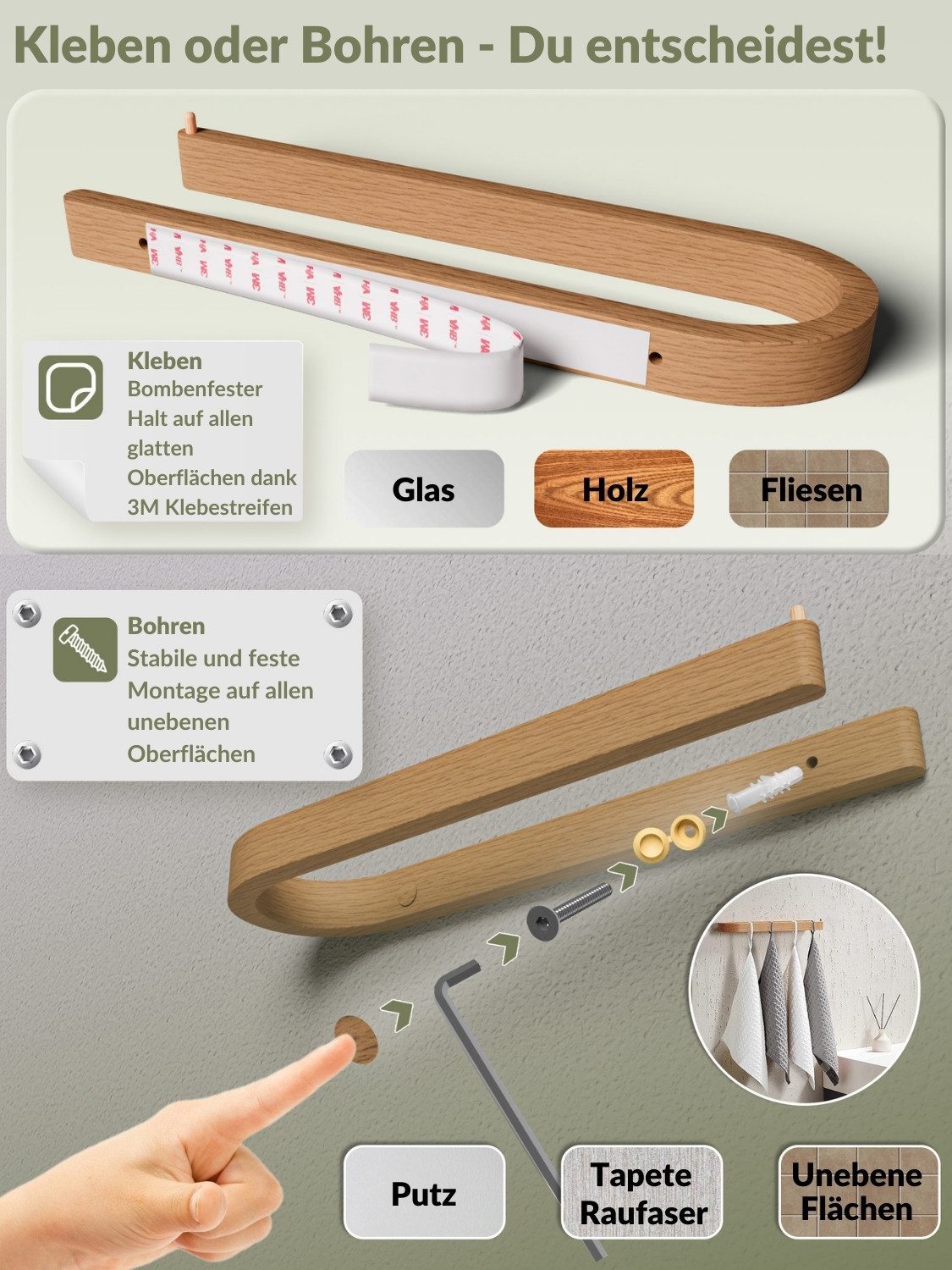 DEKAZIA Handtuchhalter aus massivem Eichenholz Kleben günstig online kaufen