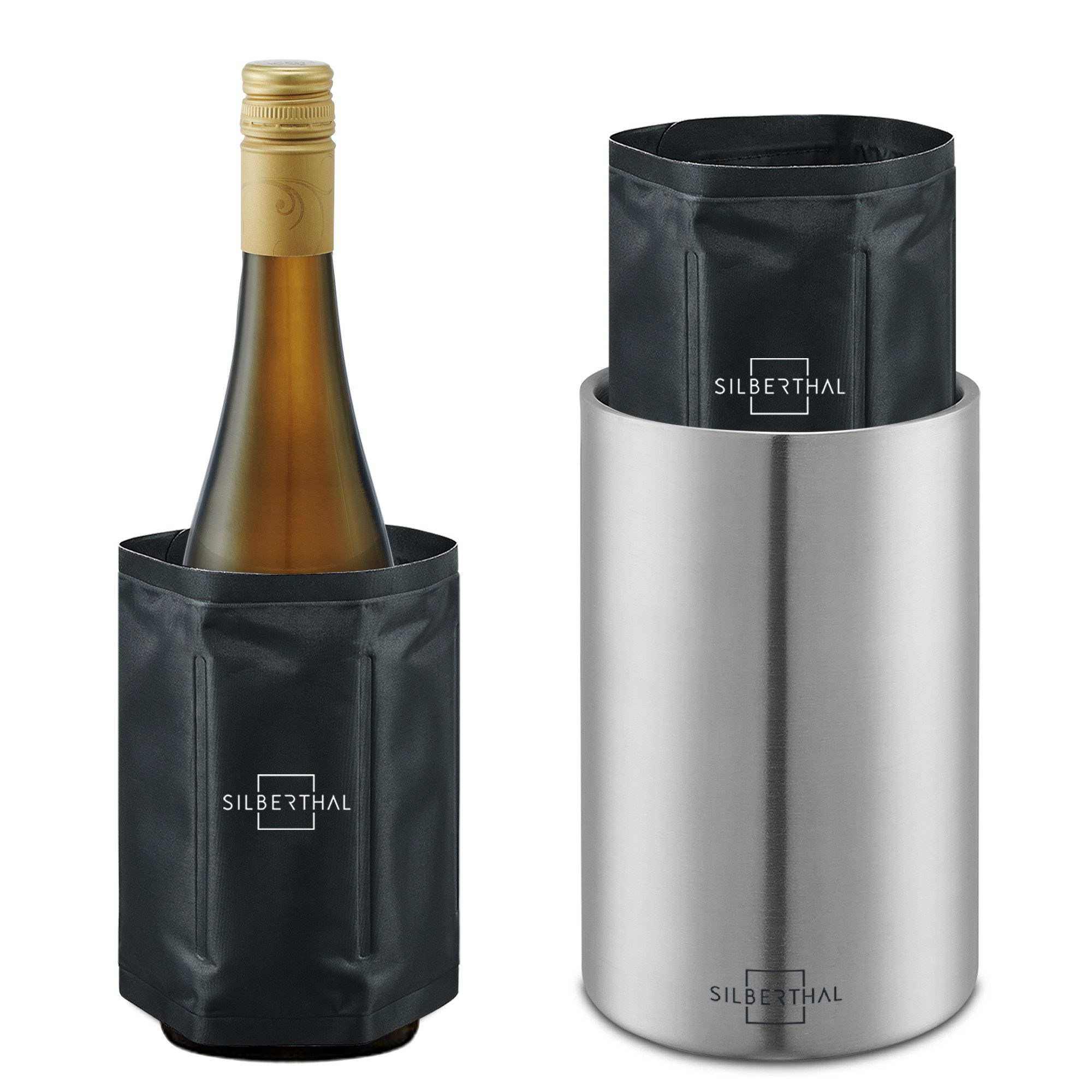 SILBERTHAL Weinkühler aus Edelstahl, inkl. 2 Kühlmanschetten, idealer Wein-& Sektkühler