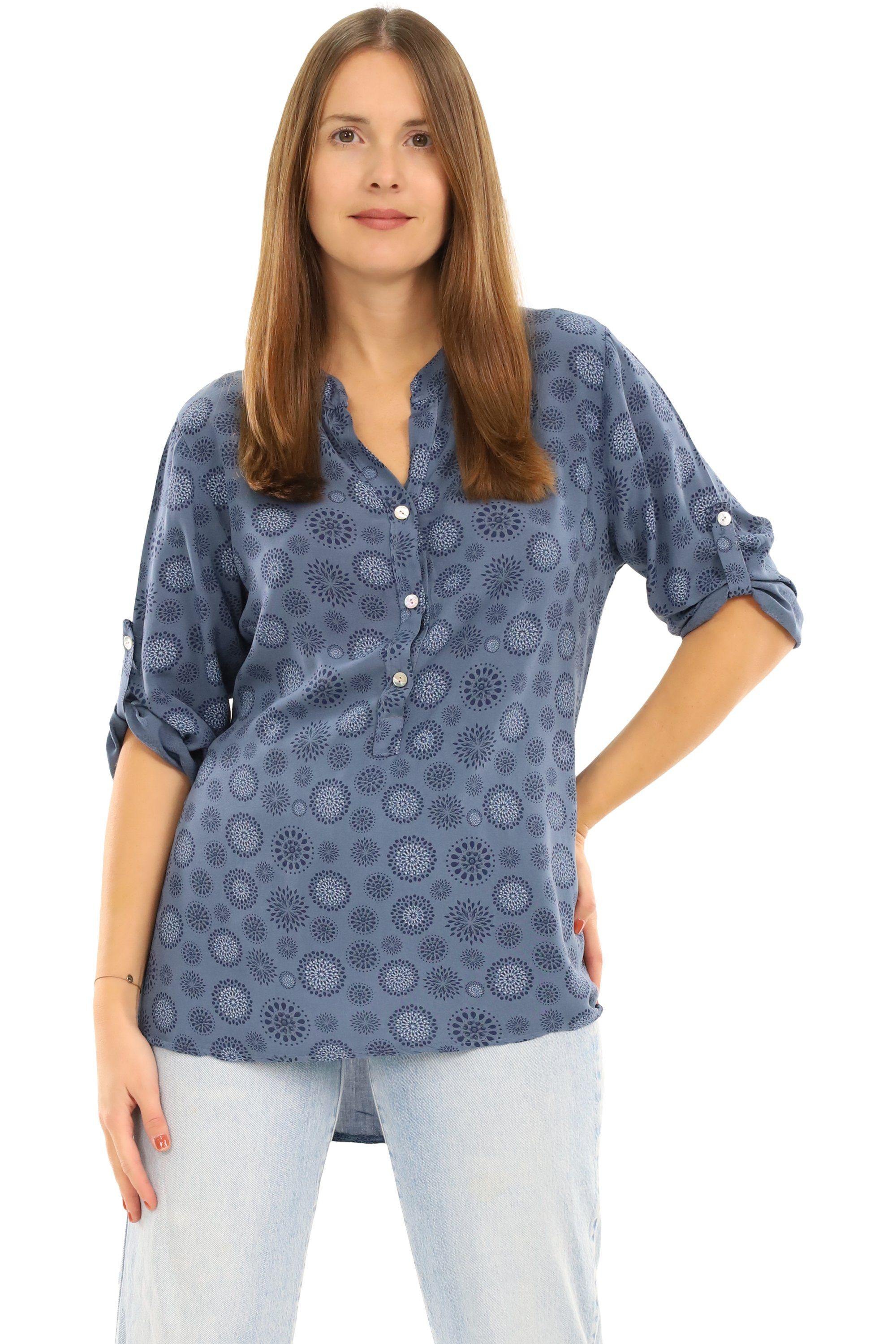 Kreis Ärmeln 6703 Bluse malito mit jeansblau Blumen fashion than Schlupfbluse more 3/4 Einheitsgröße Print