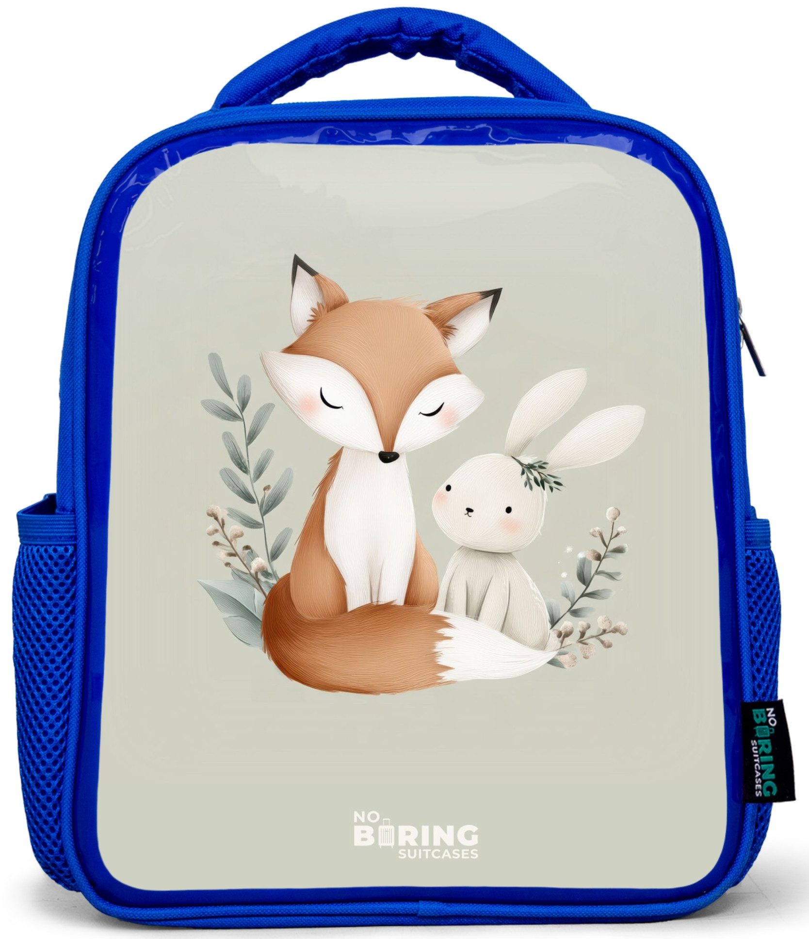 Rucksack Blau - Fuchs und Kaninchen umgeben von grünen Blättern