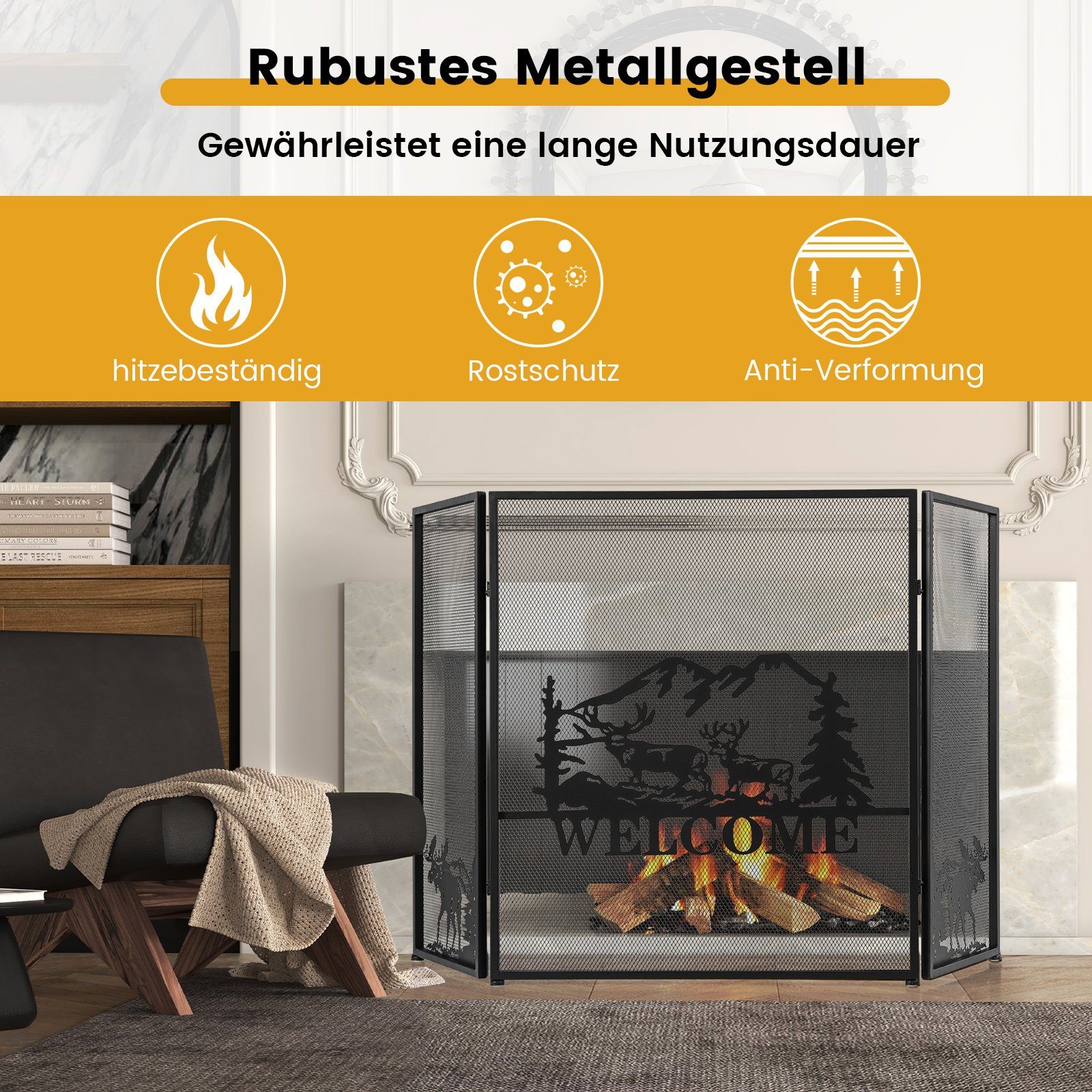 COSTWAY Kamingitter, Kaminschutzgitter, 3-teilig, faltbar, Metall, günstig online kaufen