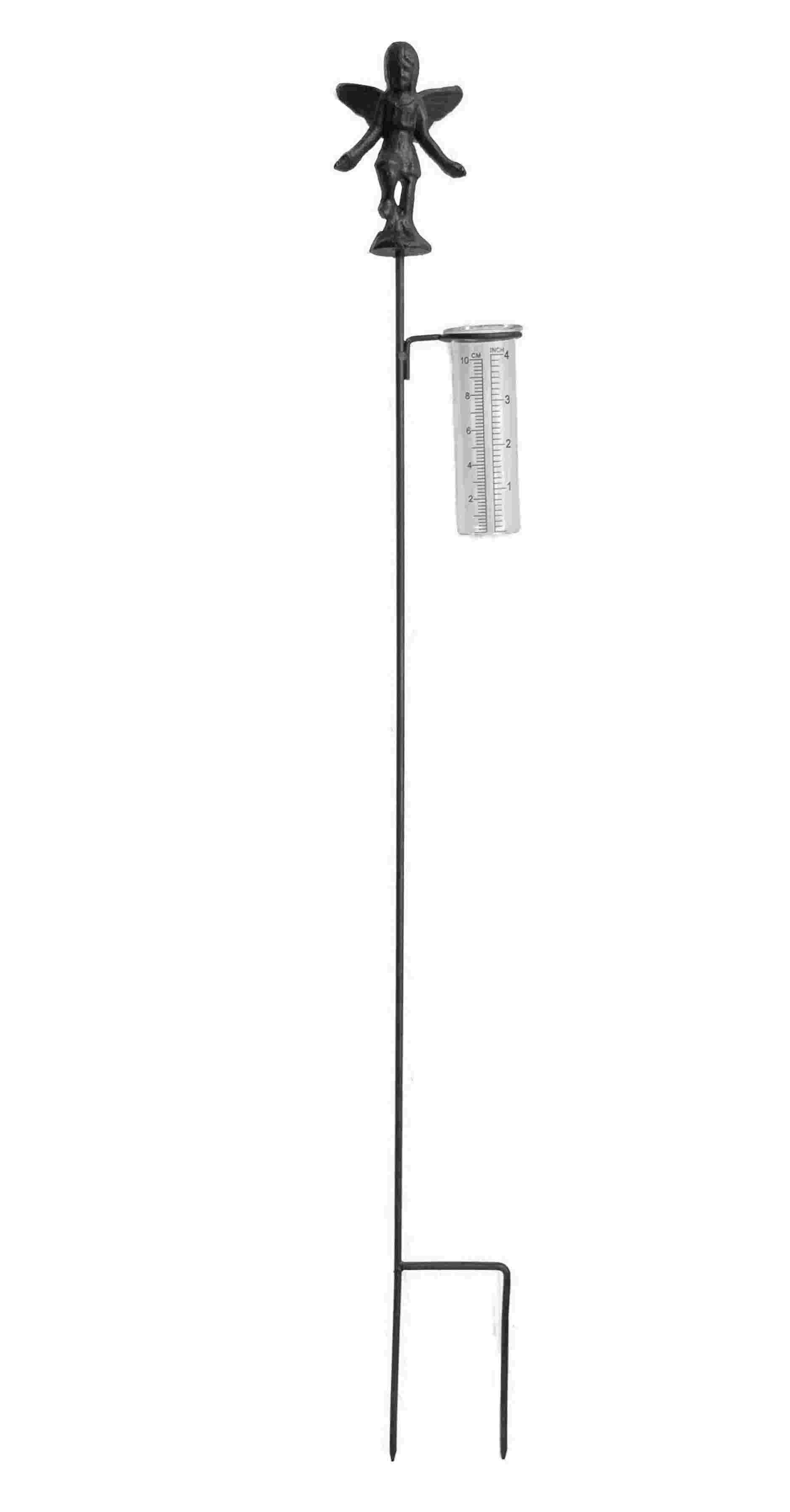 Dragimex Gartenstecker Metall Stecker. Elfe mit REGENMESSER. Gusseisen Fee, schwarz. 90cm
