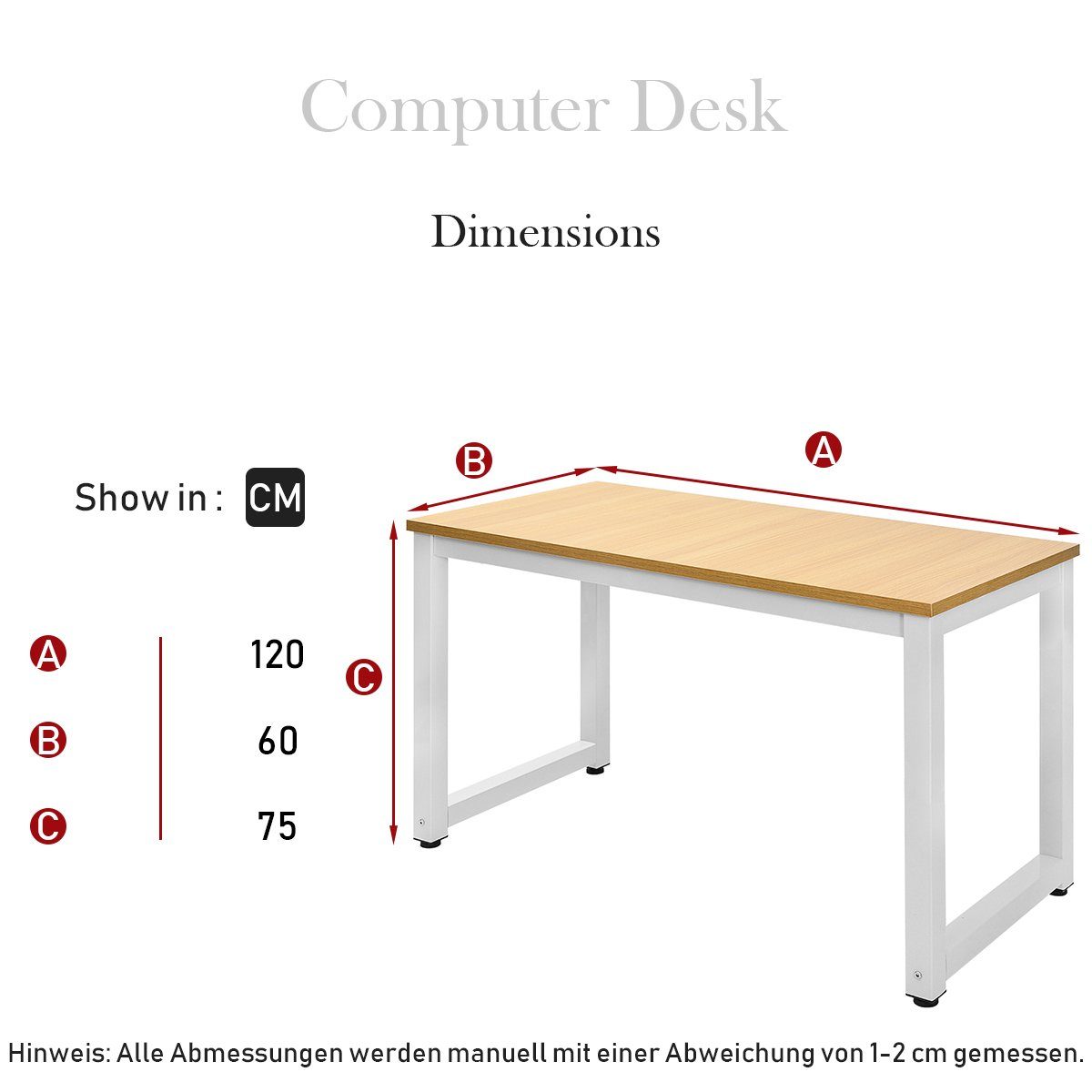 Holzfarbe Arbeitstisch E1 modern Schreibtisch in 120*60*75 Bürotisch Computertisch cm) (Spanplatten Klasse Schreibtisch Stabile Stahl-Beinen, Eckschreibtisch HAUSS SPLOE