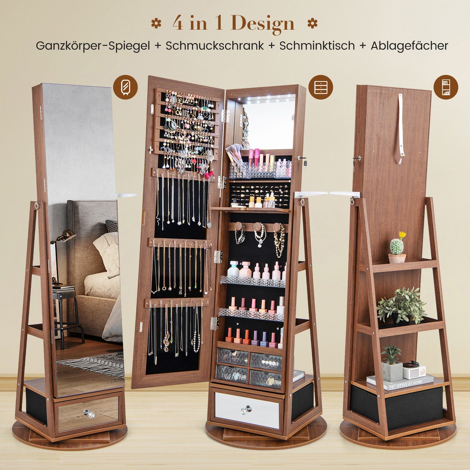 COSTWAY Schmuckschrank mit Spiegel, LED & 3 Ablagen, drehbar & abschließbar