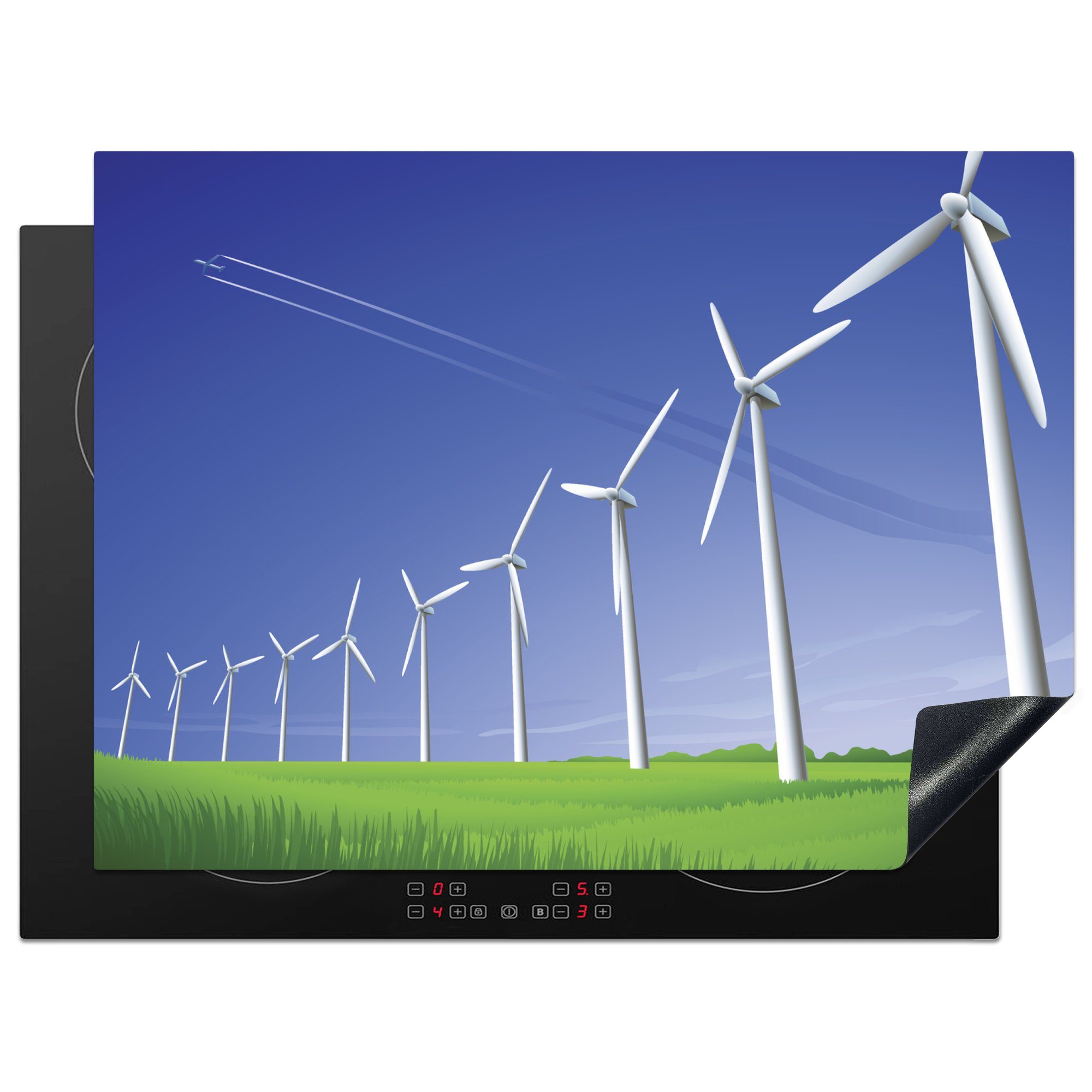 MuchoWow Herdblende-/Abdeckplatte Eine Illustration einer Reihe von Windmühlen, Vinyl, (1 tlg), 70x52 cm, Mobile Arbeitsfläche nutzbar, Ceranfeldabdeckung