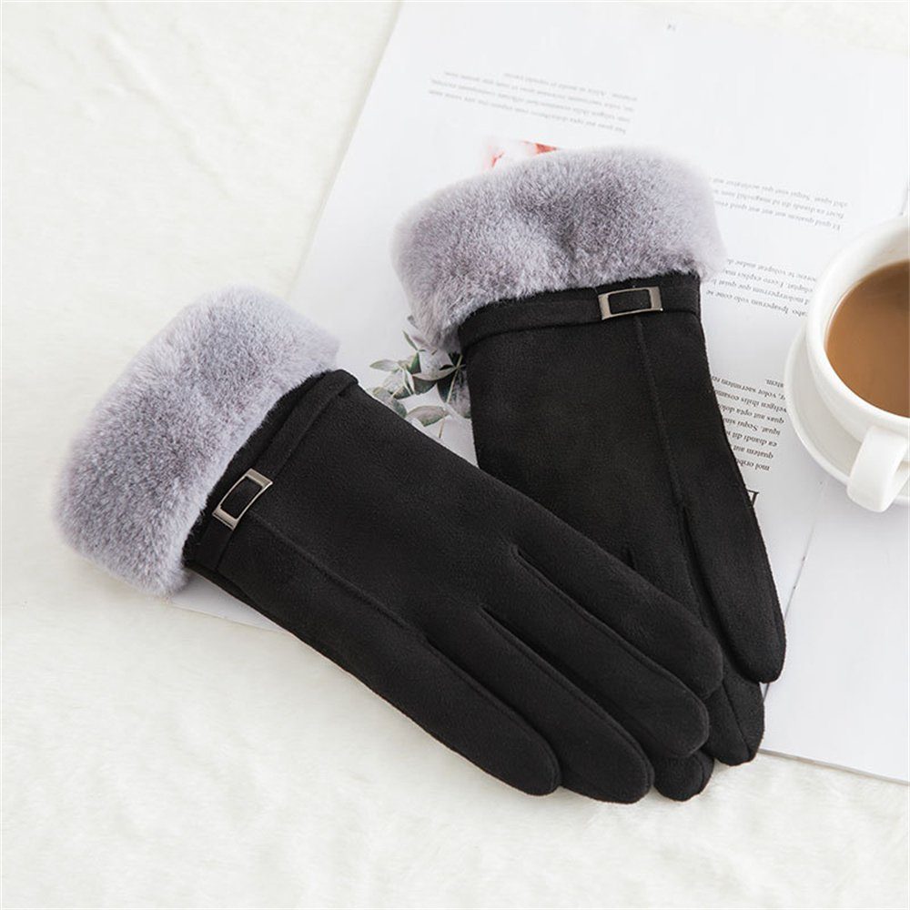 Rouemi Lederhandschuhe Damen-Mode-Handschuhe, warme Plüsch-Wildleder-Handschuhe Schwarz