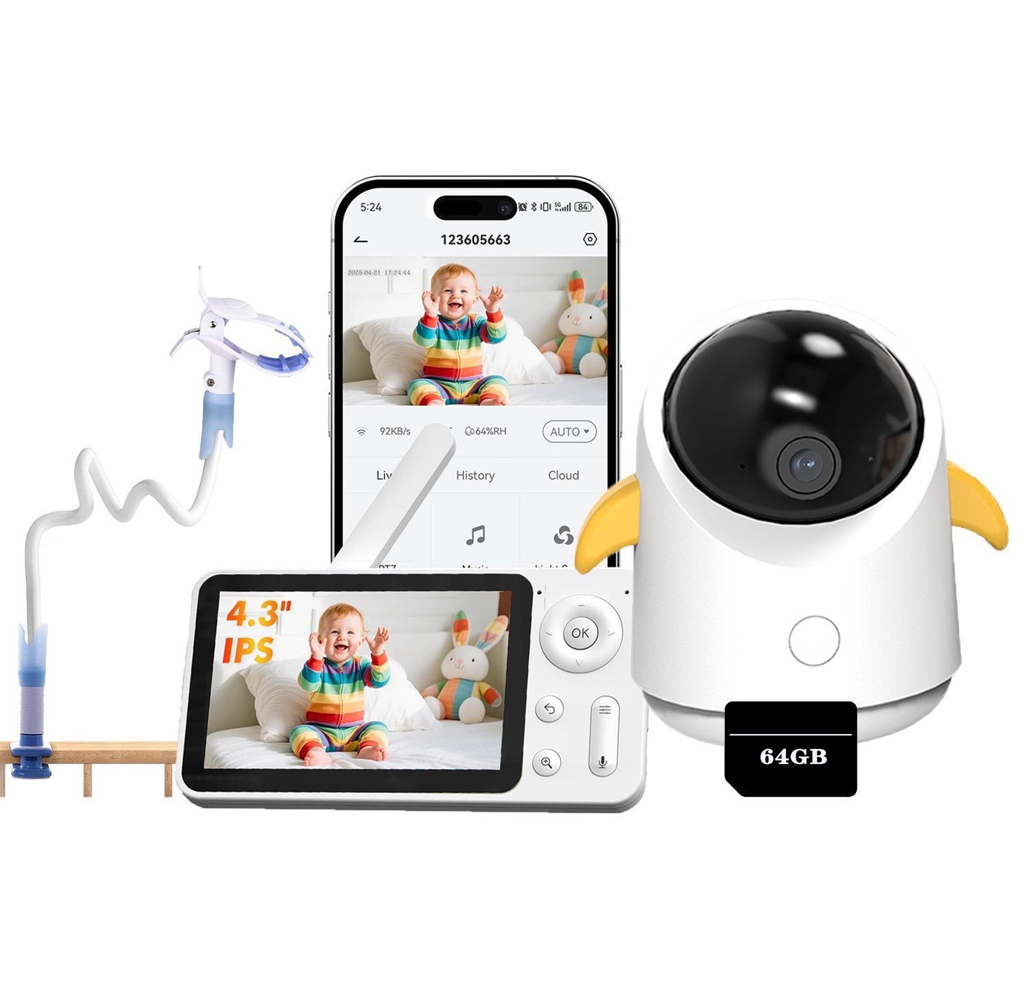 Video-Babyphone 4,3 Zoll 2MP Babyfon mit Kamera, 360° WLAN Video-Babyphone mit App