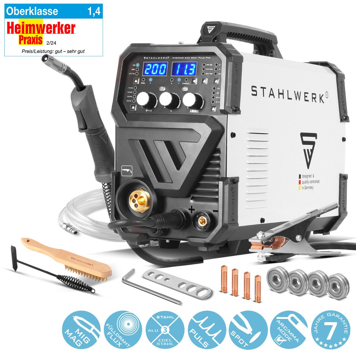 STAHLWERK Schutzgasschweißgerät Schweißgerät MIG MAG 200 Spot Puls Pro Kombigerät, 20 - 180 A, Packung, 1-tlg., Set, mit Spotfunktion und 200 Ampere