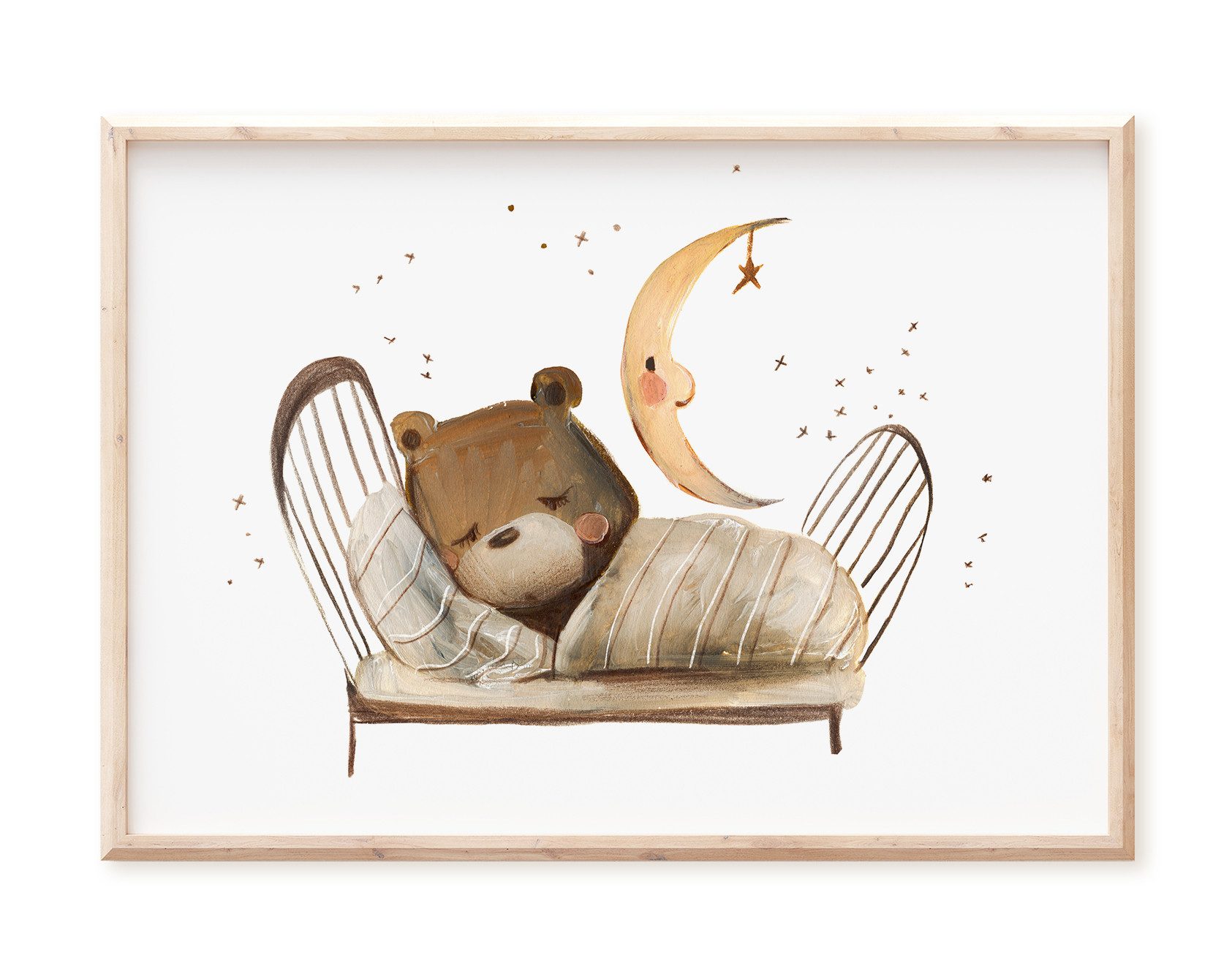 Pipapier Poster Kinderzimmerbild "Bär im Bett", Kinderposter mit Bär und Mond, Tierposter, schlafende Tiere, Schlafbild, Träume schön