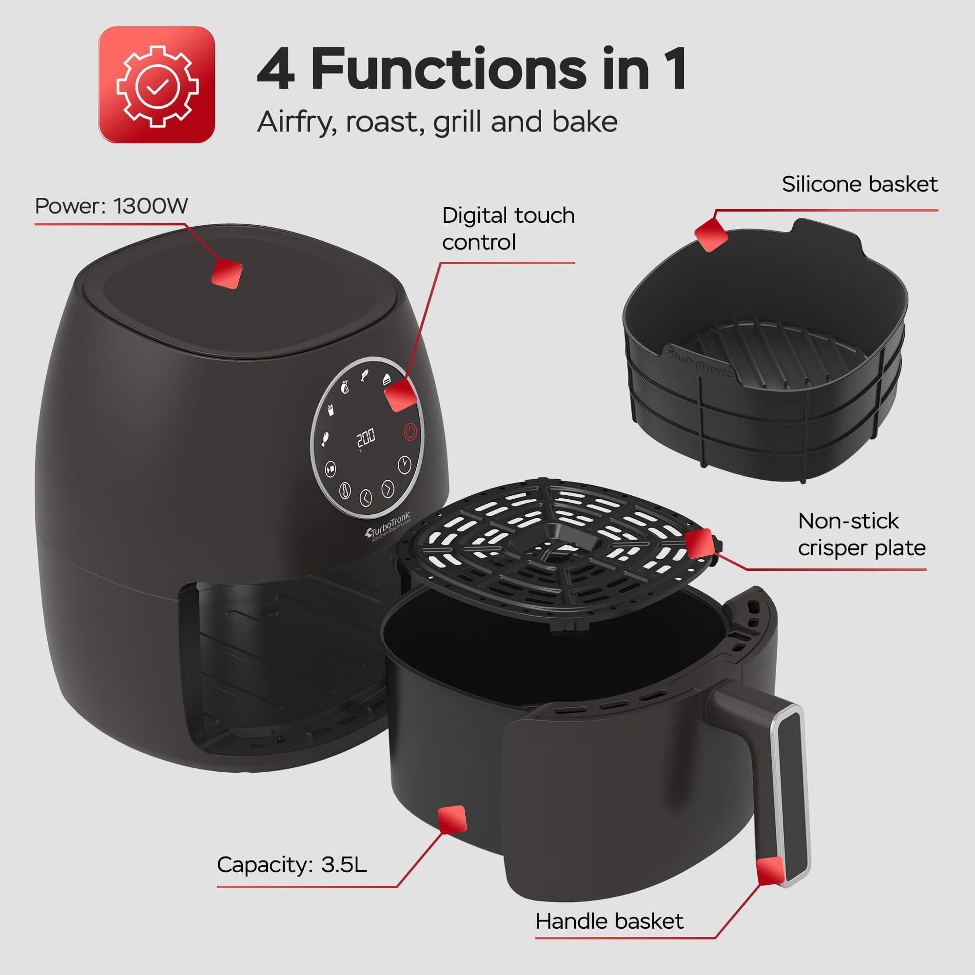 TurboTronic by Z-Line Heißluftfritteuse mit Silikoneinlage Digitaler Airfryer 6 Programme gesund kochen Grill, 1300 W, Knusprige Pommes ohne Öl