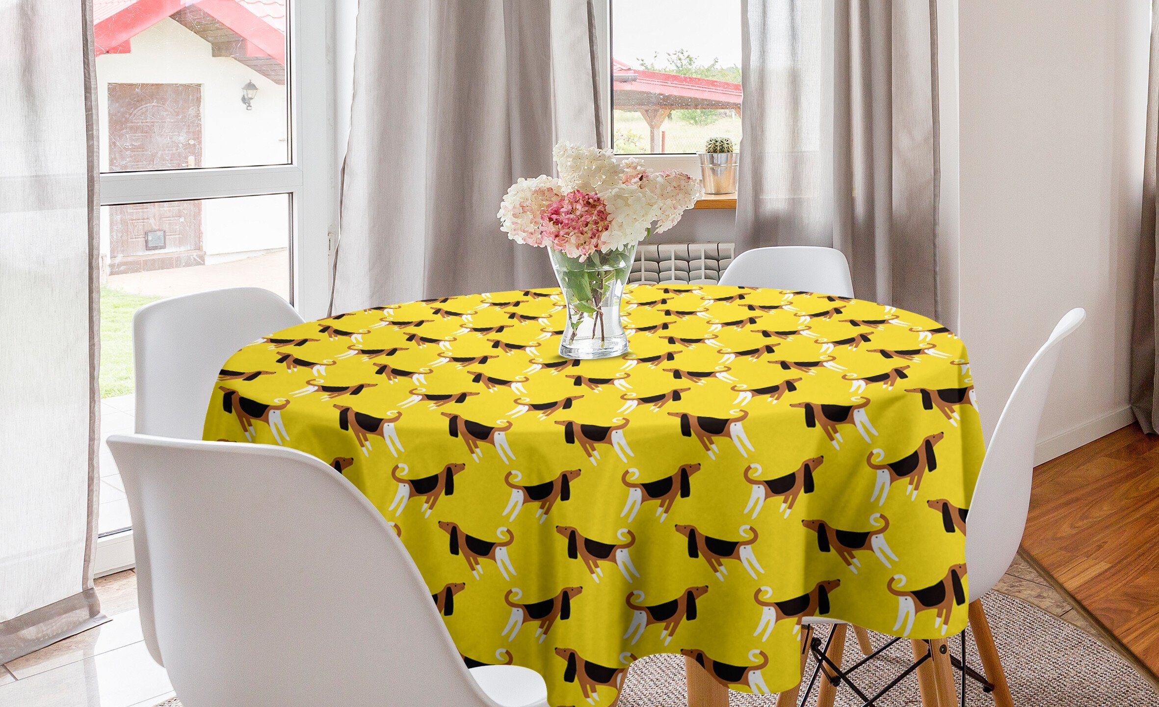 Abakuhaus Tischdecke Kreis Tischdecke Abdeckung für Esszimmer Küche Dekoration, Hunde Fun Pet Charaktere auf Gelb