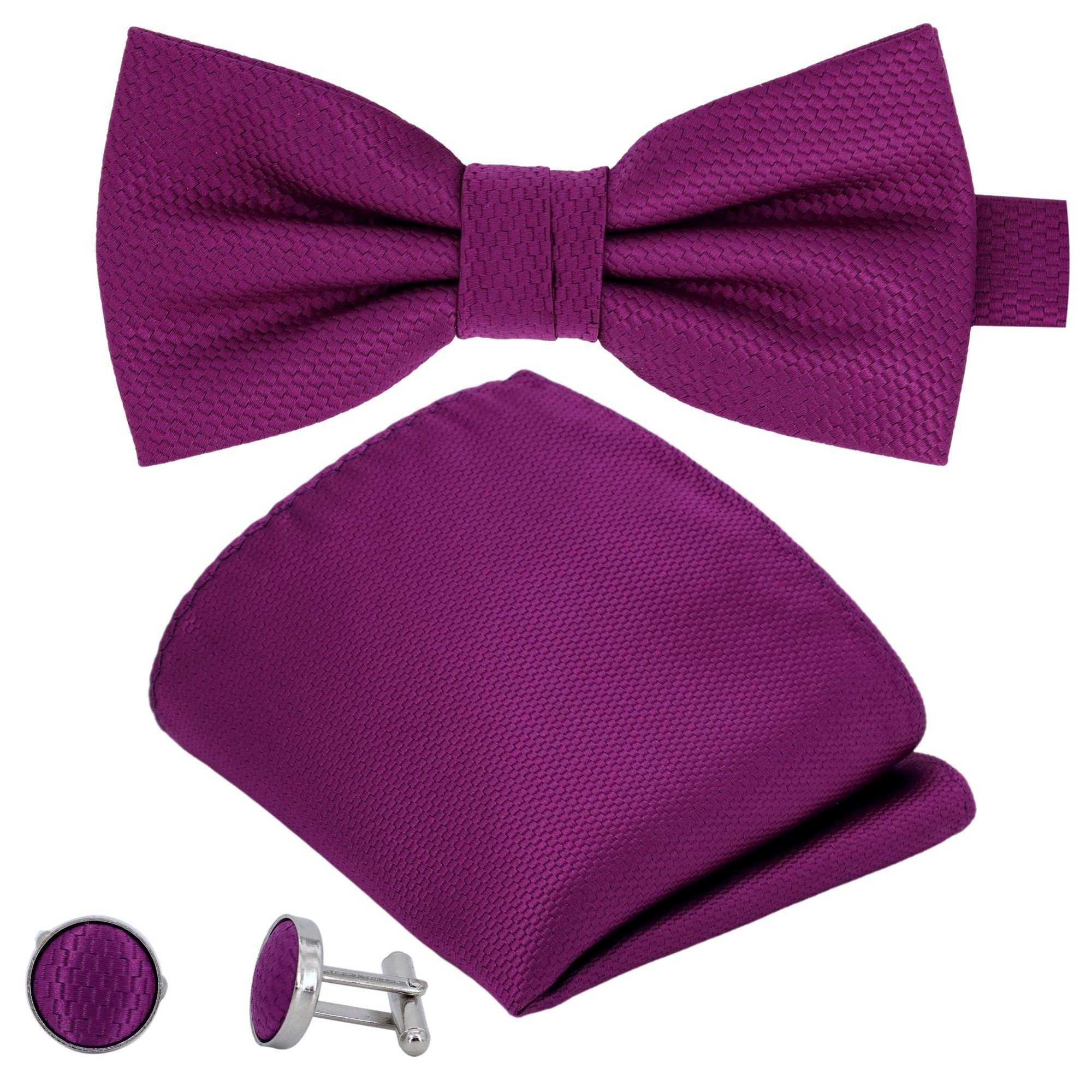 Hochzeit Fliege Gebunden Karo Fuchsia Einstecktuch, Anzug (Set Herren-Fliege Herrenfliege, Schleife Muster Verstellbar, Kariert, Schleife, Bordeaux-Violett Festlich, Grid Seide-Touch GASSANI Fuxia-Pink Vorgebunden 3-St., Kariert, z. Manschettenknöpfe) Tuch, Hochzeitsfliege mit