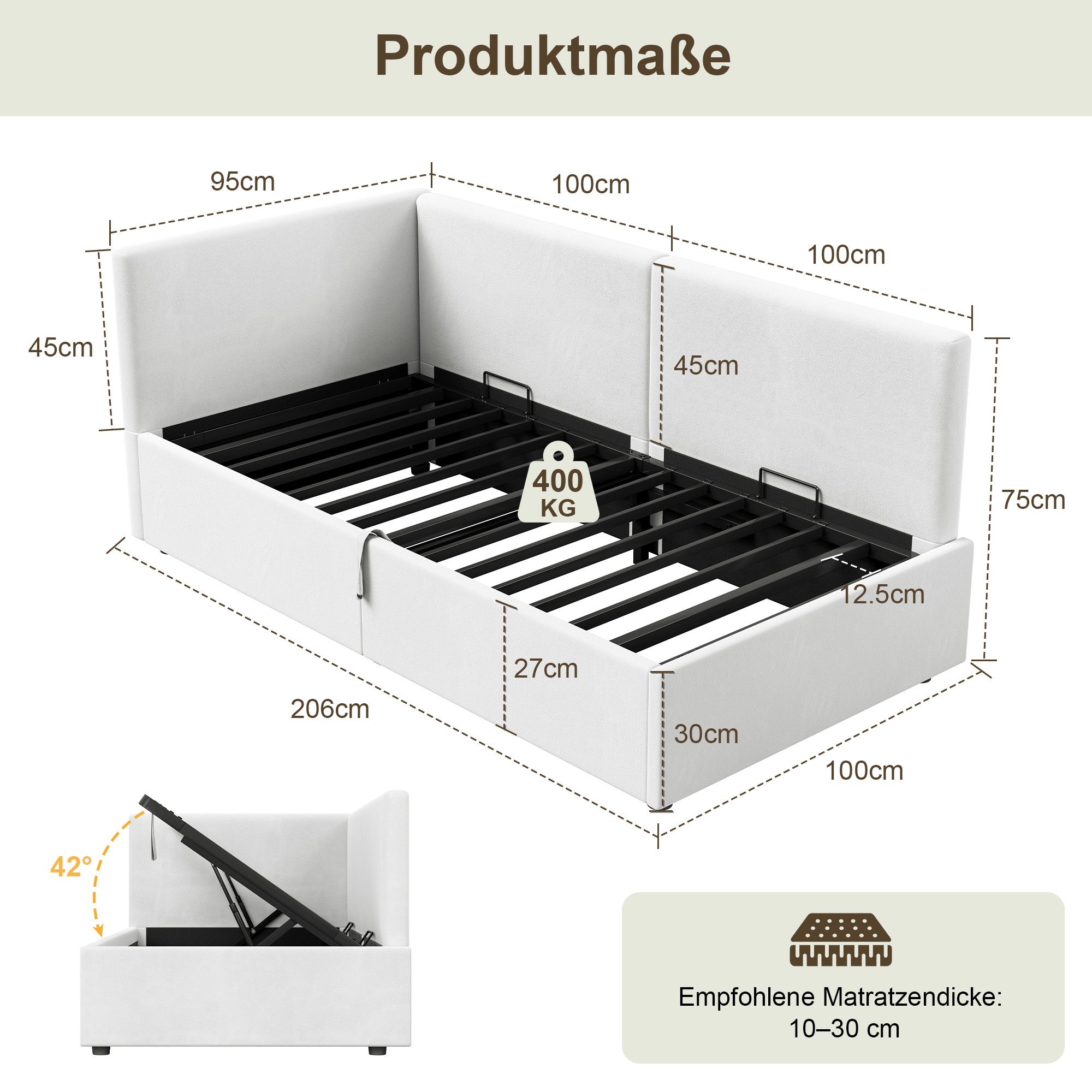 AMERLIFE Daybett mit 2-in-1 Funktion, Gasfeder-Bettkasten & Samtbezug in Cremeweiß (1 tlg), Praktisches 2-in-1 Design