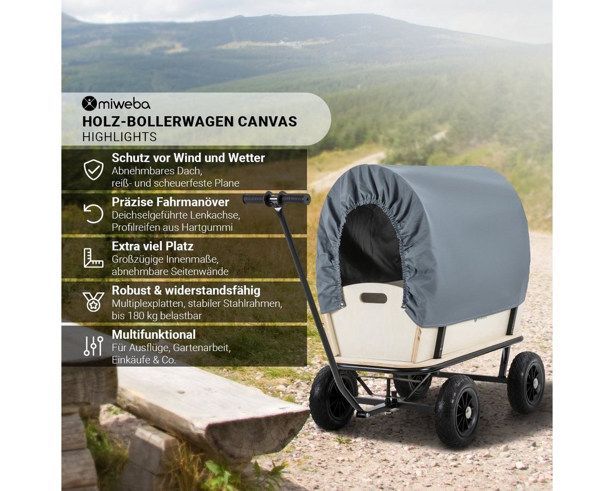 Thumbnail - miweba Bollerwagen Holz-Bollerwagen Canvas - abnehmbares Dach UPF 40 - 180 Kg Traglast (Bollerwagen bis 180 kg, Bollerwa...