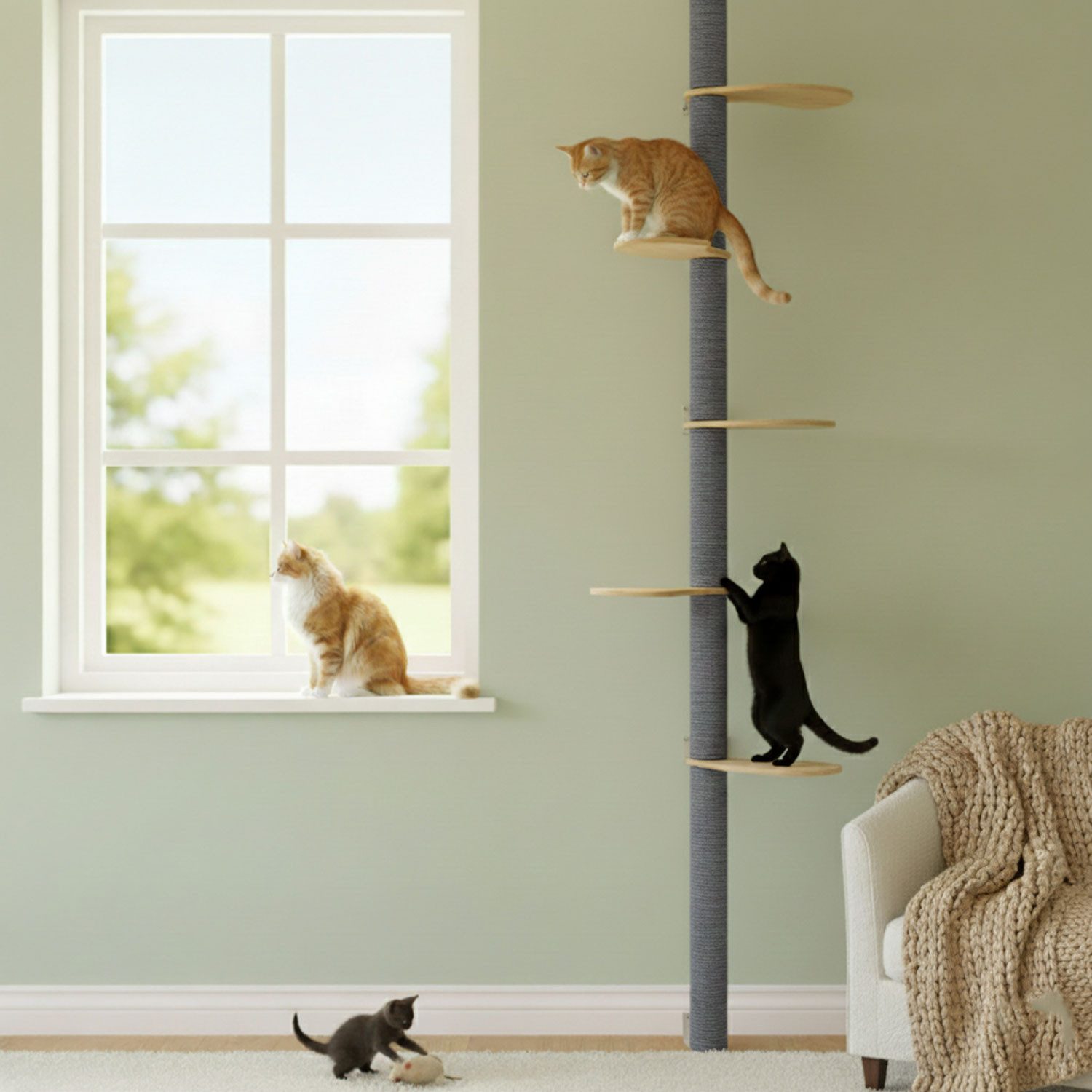eyepower Kratzbaum zur Wandmontage - 240cm Wandkratzbaum für Katzen mit 5 Bambus Plateaus, Sisalstamm Wand - Katzenkratzbaum platzsparend - Kletterwand Katze