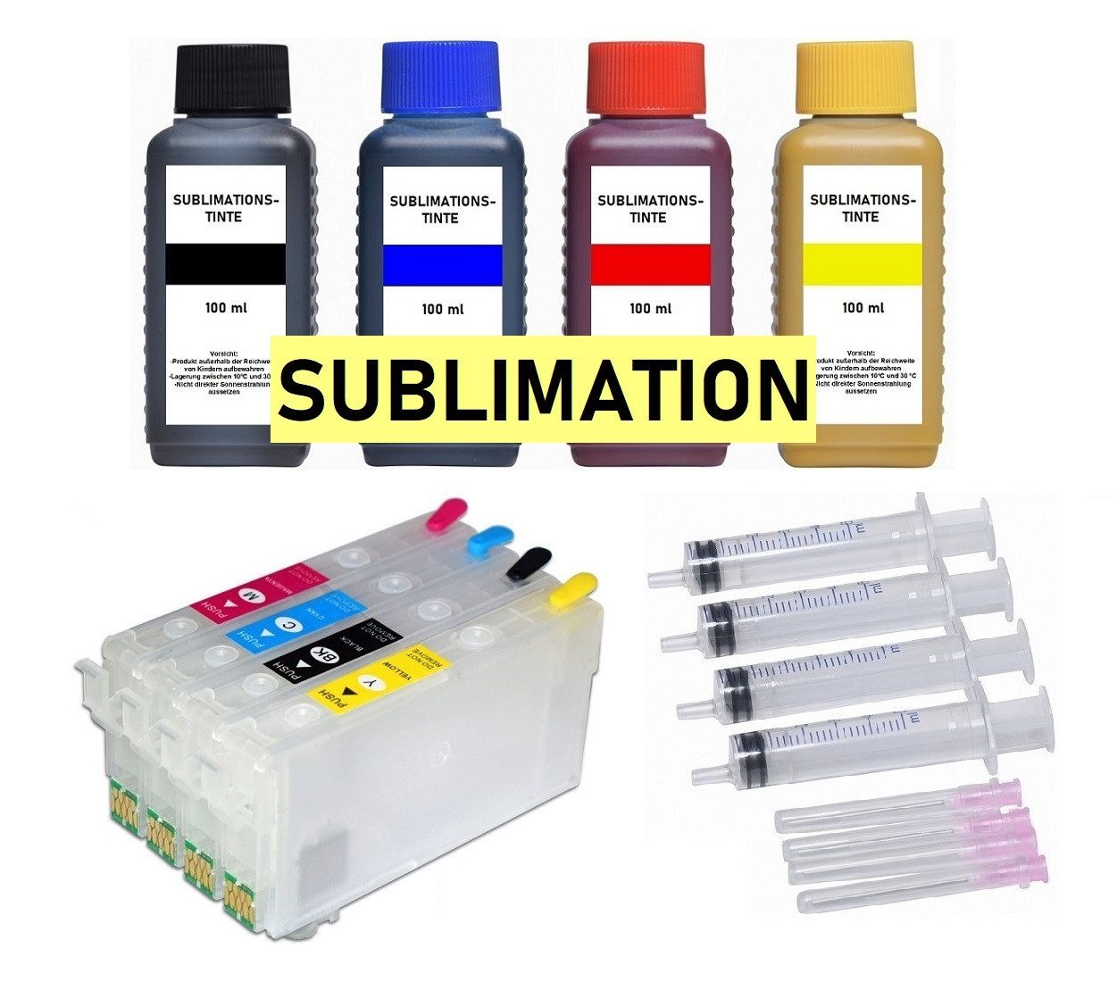 inkpro nachfüllbare Patronen 405 XL mit 4 x 100 ml Sublimationstinte, Tintenpatrone (für Epson WorkForce WF-7310, WF-7830, WF-7835, WF-7840, WorkForce Pro WF-3820, WF-3825, WF-4820, WF-4825, WF-4830, mit Sublimationstinte schwarz, cyan, magenta, gelb)
