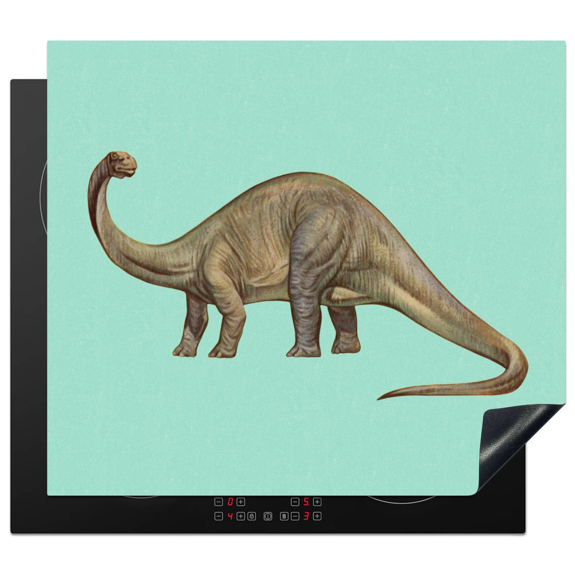 MuchoWow Herdblende-/Abdeckplatte Illustration - Dinosaurier - Kinder - Grün, Vinyl, (1 tlg), 59x52 cm, Ceranfeldabdeckung für die küche, Induktionsmatte