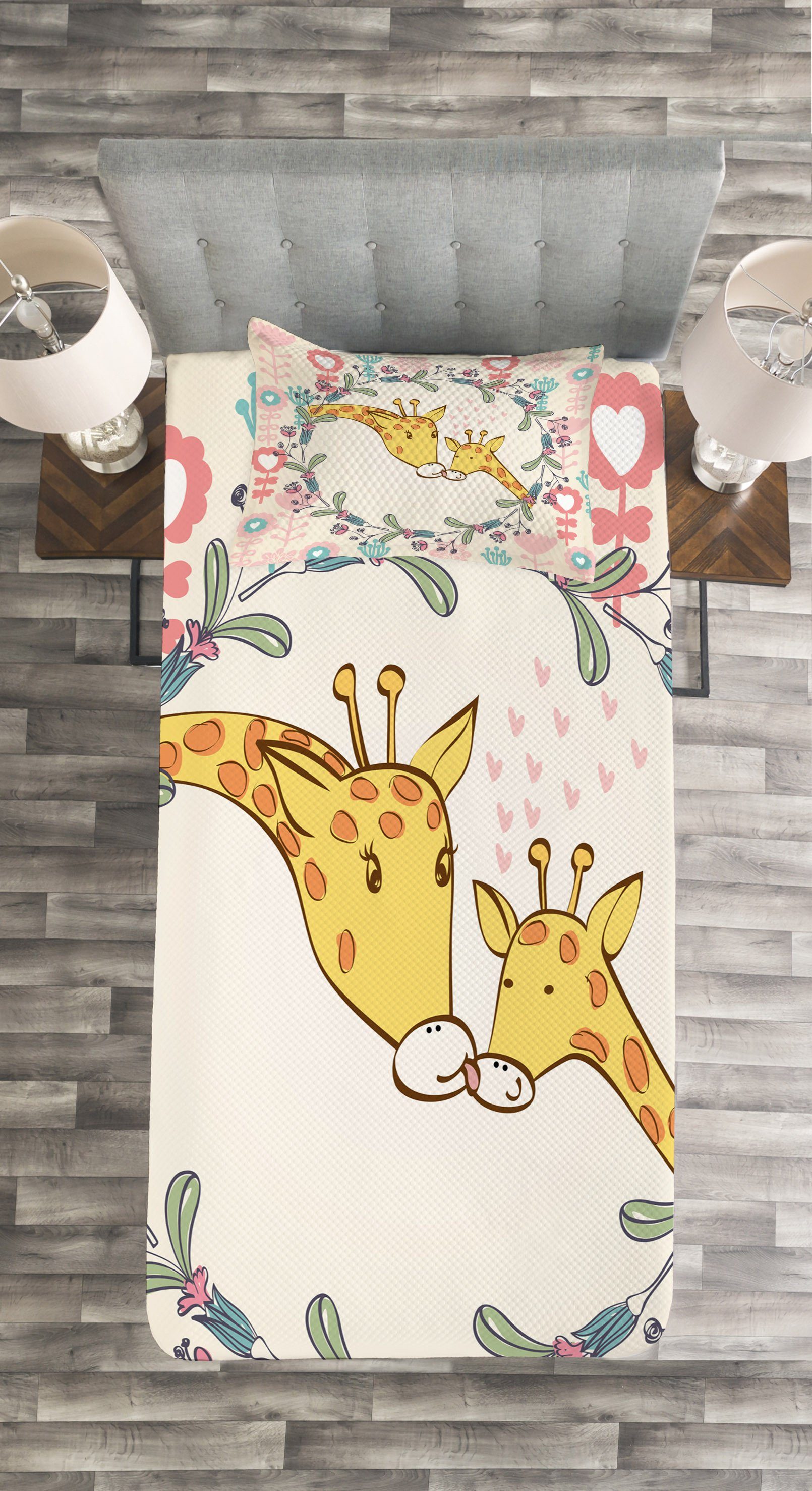 Cartoon mit Giraffe und Kissenbezügen Abakuhaus, Kind Tagesdecke Mutter Set Waschbar,