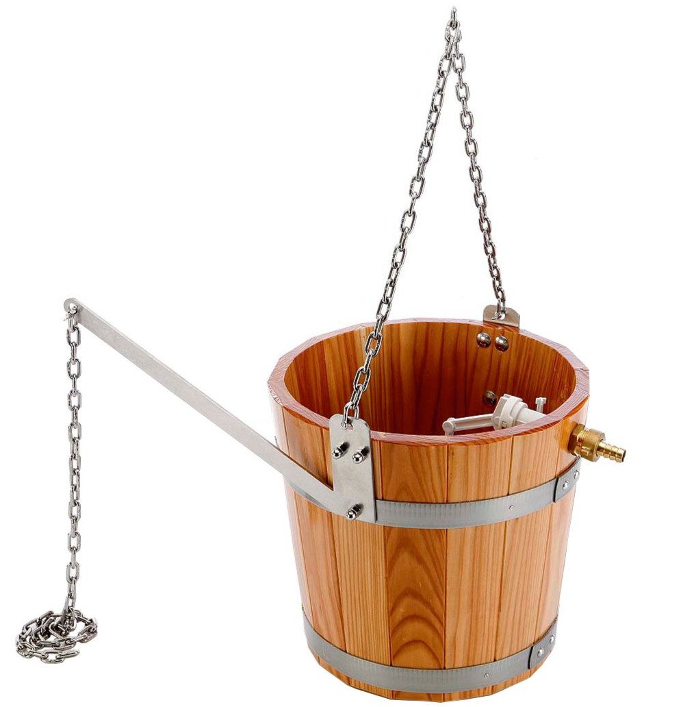Elsässer GmbH Aufgusskübel Schwalldusche aus Lärchenholz mit Edelstahlkette, 4,5–7,5 l, Beschichteter Schwalleimer aus Lärchenholz mit 70-cm-Edelstahlkette