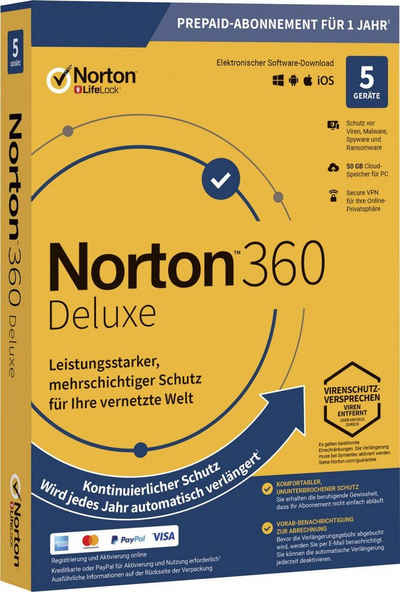 Norton Norton 360 Deluxe, 50 GB Cloud-Backup, 5 Geräte 1 Jahr FFP (Antivirensoftware, FFP)