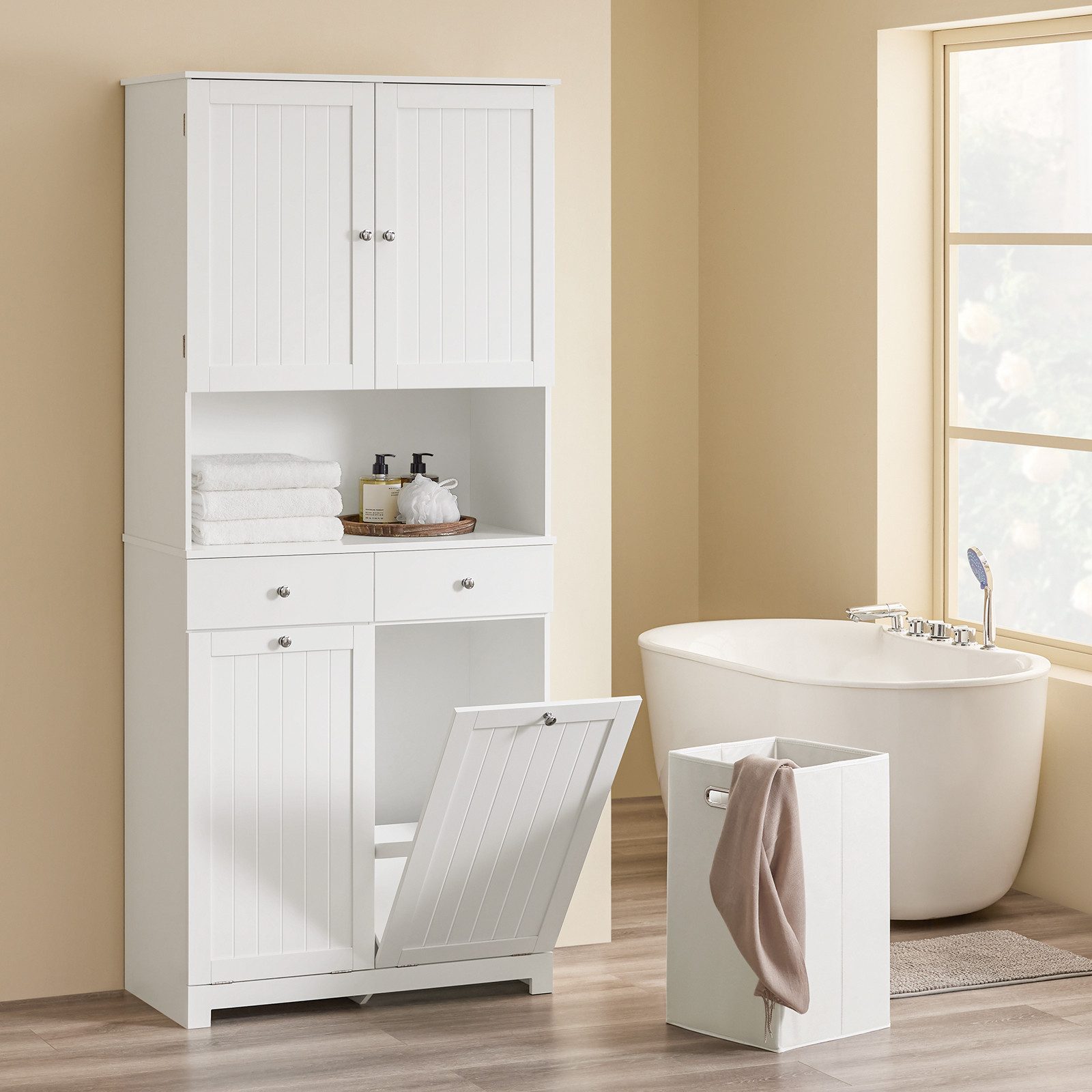 SoBuy Hochschrank BZR215, Badezimmerschrank Badschrank Aufbewahrungsschrank Badmöbel Wäscheschrank mit 2 Wäschekörben, verstellbaren Ablagen, Schublade – Bild 3 von 5
