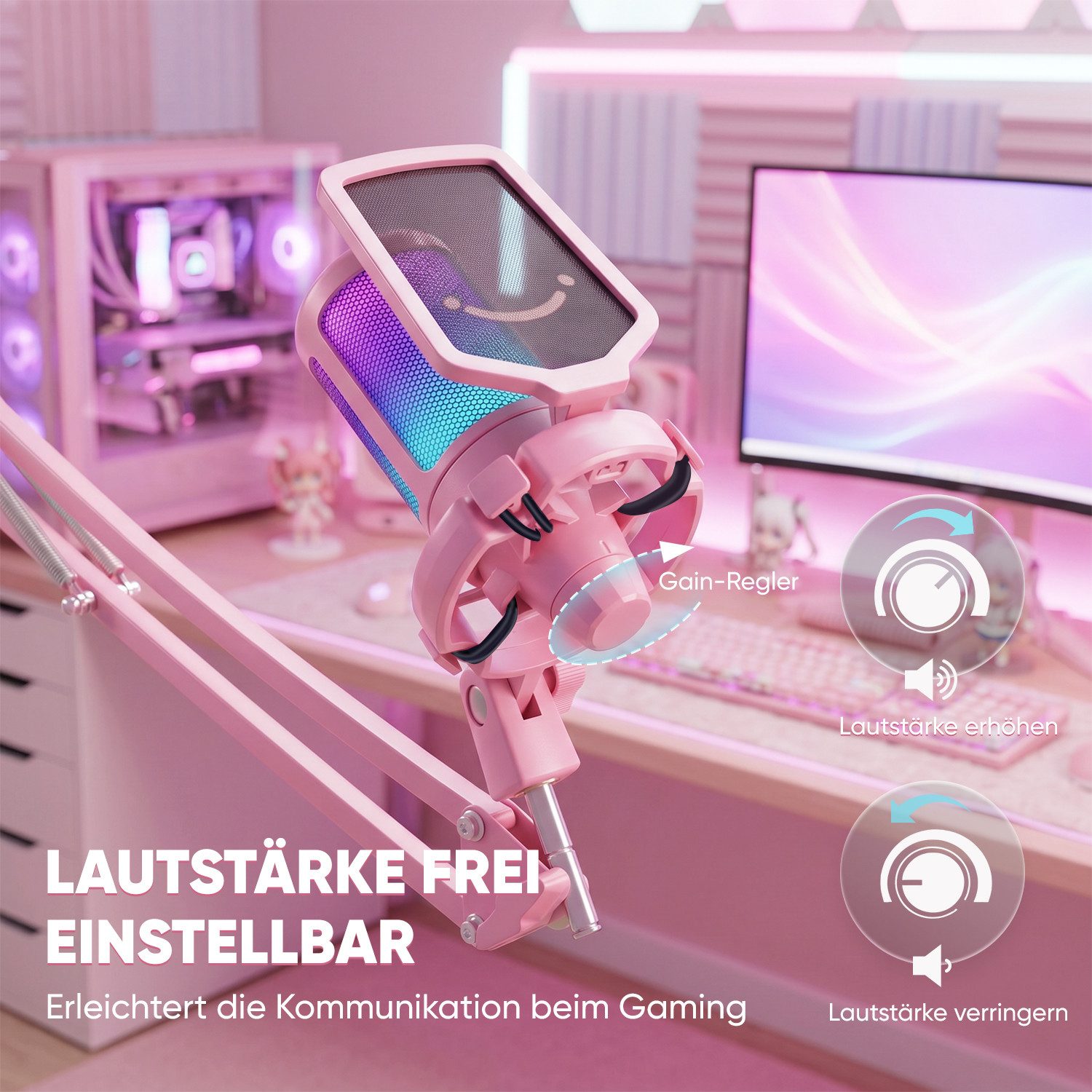 FIFINE Mikrofon USB Mikrofon Streaming mit Arm Kondensator Mikrofon Set PC Gaming RGB, Stummschalttaste, Popfilter und Stoßdämpferhalterung, Pink