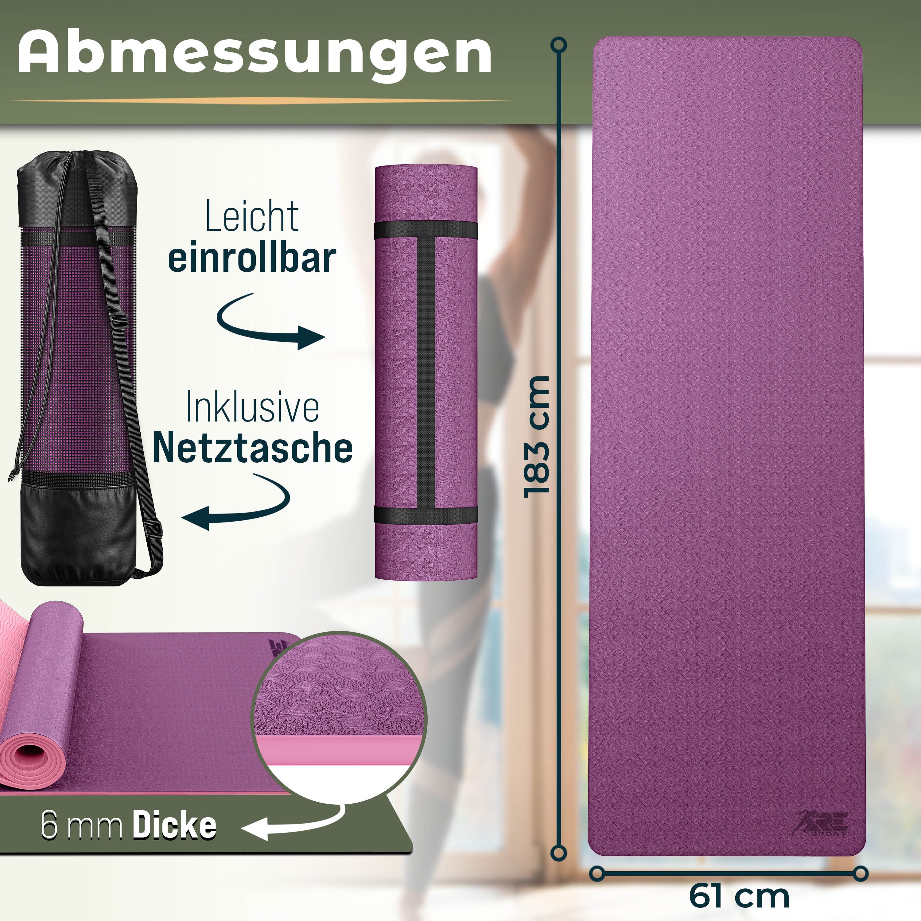 RE:SPORT Gymnastikmatte 183 x 61 x 0,6 cm mit Tragetasche Yogamatte TPE Fitnessmatte (rutschfest), Trainingsmatte mit Tragegurt Fitness Gymnastik Pilates Workou – Bild 3 von 5