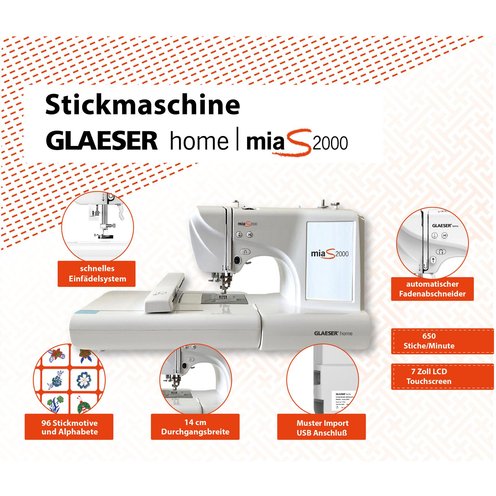 GLAESER home Stickmaschine GLAESERhome miaS2000 Stickmaschine, 96 Stickmotive