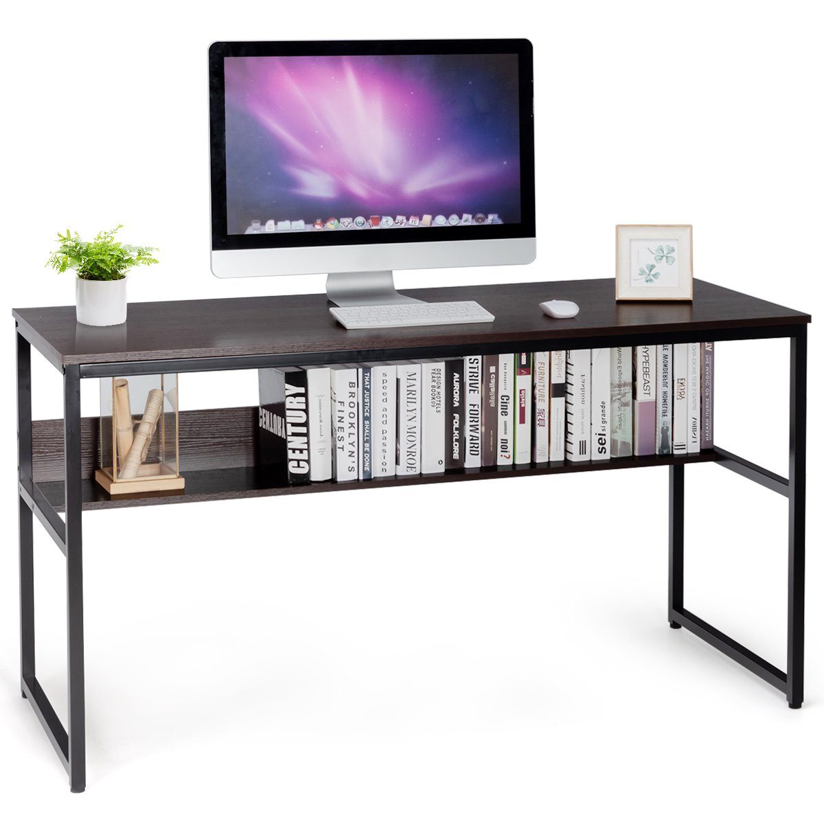 COSTWAY Schreibtisch, mit Ablagefläche, Metallstruktur, 140x60x76cm Dunkelbraun