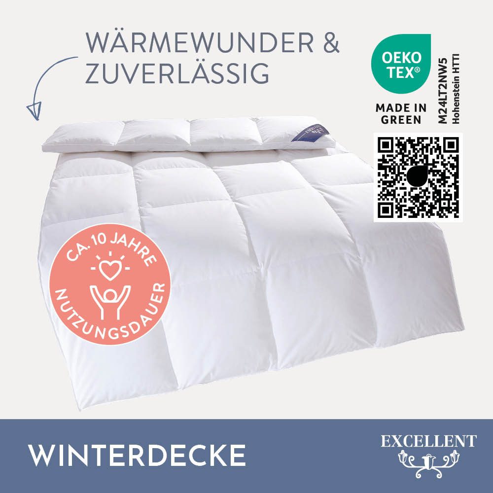 Excellent Daunenbettdecke VENEDIG, Bettdecken für Sommer und Winter, Decke, Füllung: 90% Daunen, 10% Federn, Bezug: 100% Baumwolle, Bettdecke 135x200 cm, 155x220cm und weitere Größen, Made in Germany