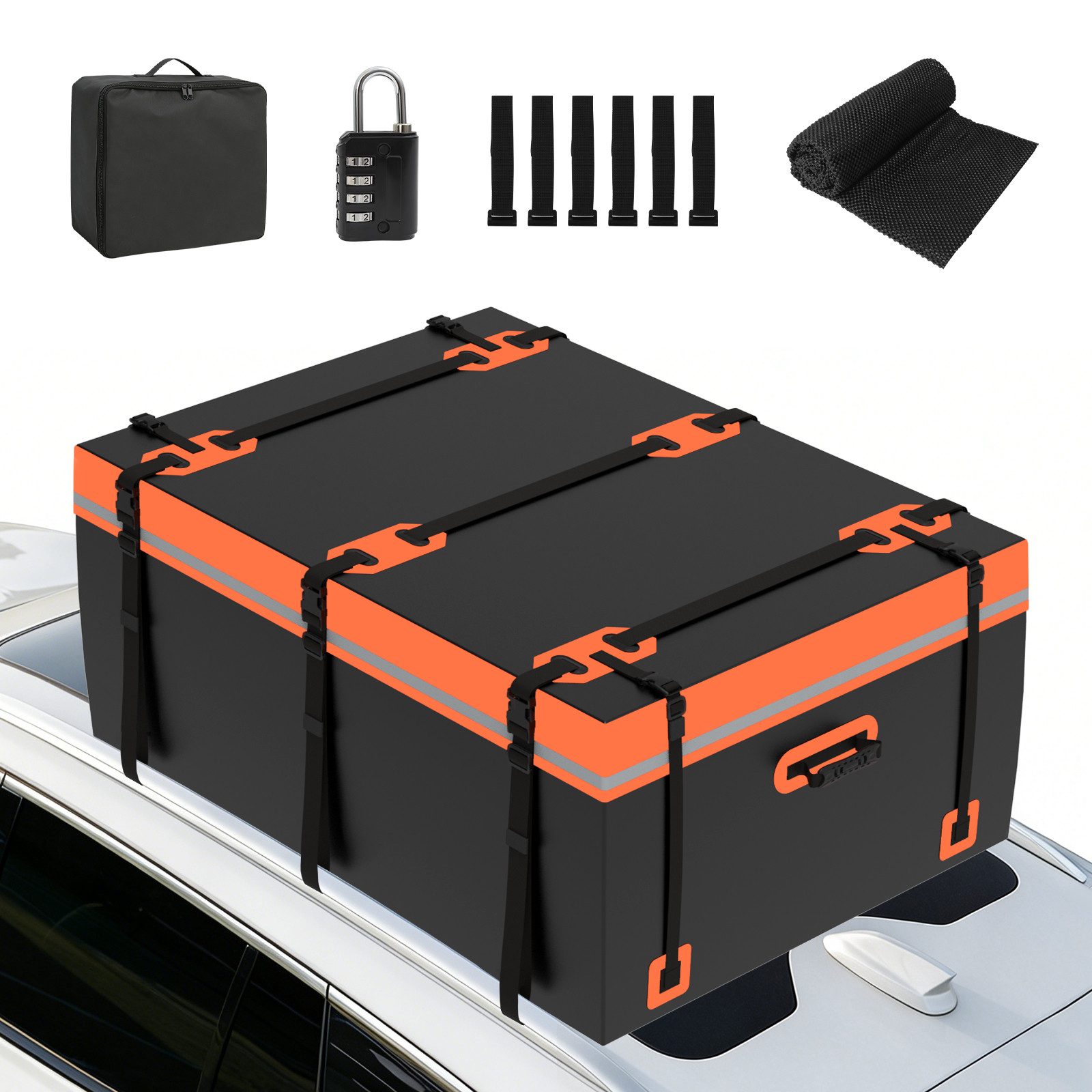 Puluomis Dachbox Auto 600L Faltbar Wasserdicht mit Türhaken, Schloss, 8 robuste Gurte, (500D Dachtasche Dachkoffer, für Autos mit/ohne Gepäckträger)