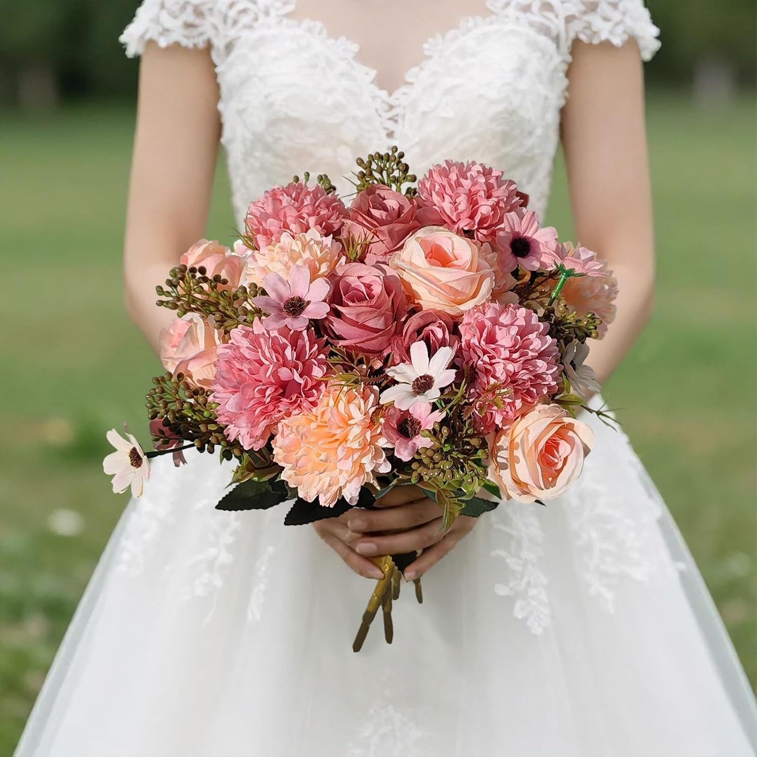 Kunstblumenstrauß 4er Set rosa künstliche Rosenblumensträuße, FOUORTUNATE-BEE, Künstliche Blumensträuße mit Rosen, Hortensien & Gänseblümchen – Bild 3 von 5