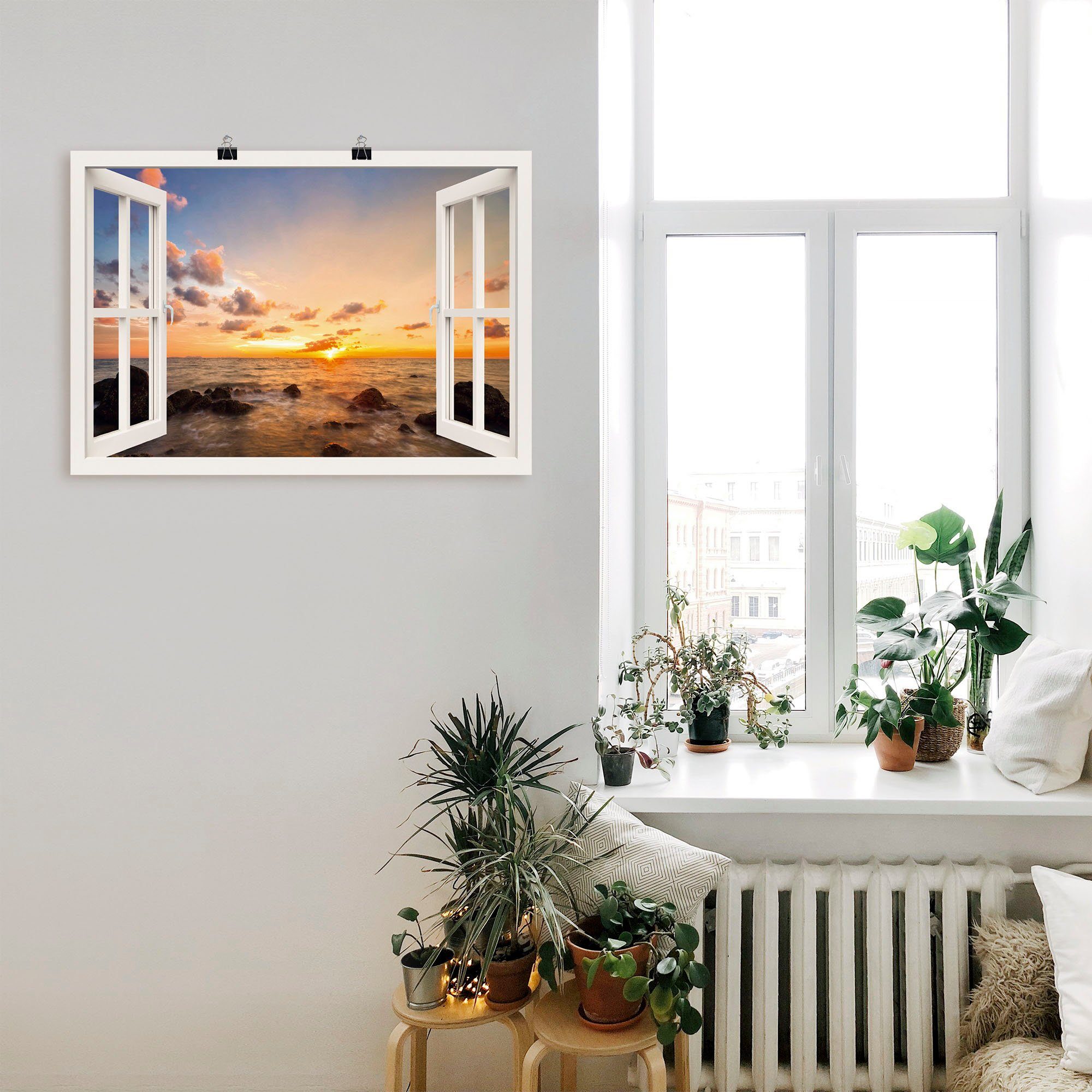 Artland Wandbild Fensterblick Leinwandbild, Wandaufkleber als Sonnenuntergang Meer, Größen Fensterblick Poster in am oder versch. St), (1 Alubild