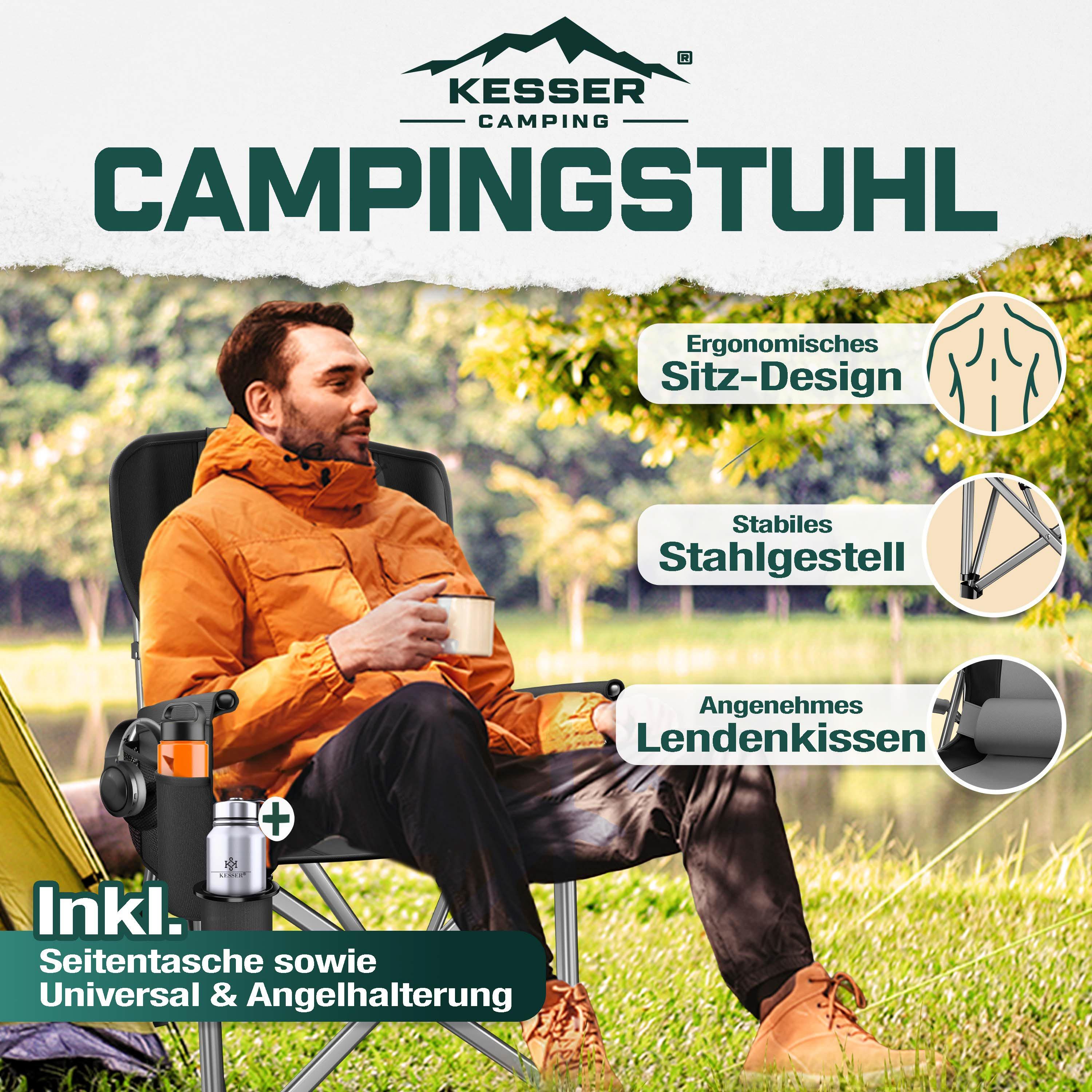 KESSER Campingstuhl (Strandstuhl mit hoher Rückenlehne + Tasche), Campingstuhl Inkl. Campinglicht, Angelhalterung und Getränkehalter – Bild 2 von 5