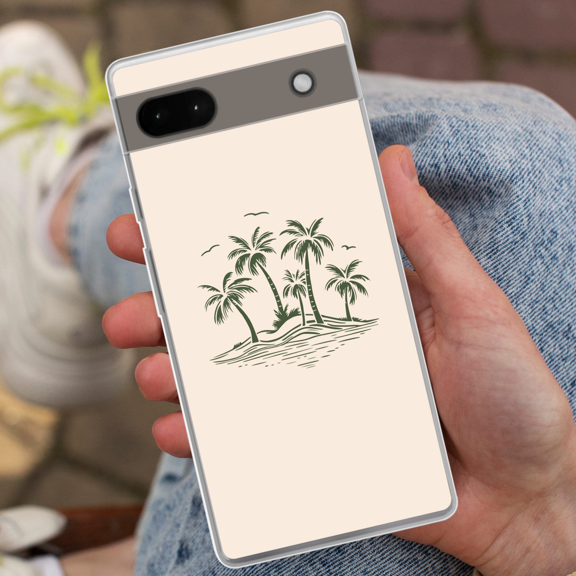 MuchoWow Handyhülle für Google Pixel 6a Palmen - Strand - Beige - Grün - Tropisch, Phone Case, Silikon, Schutzhülle Dünn