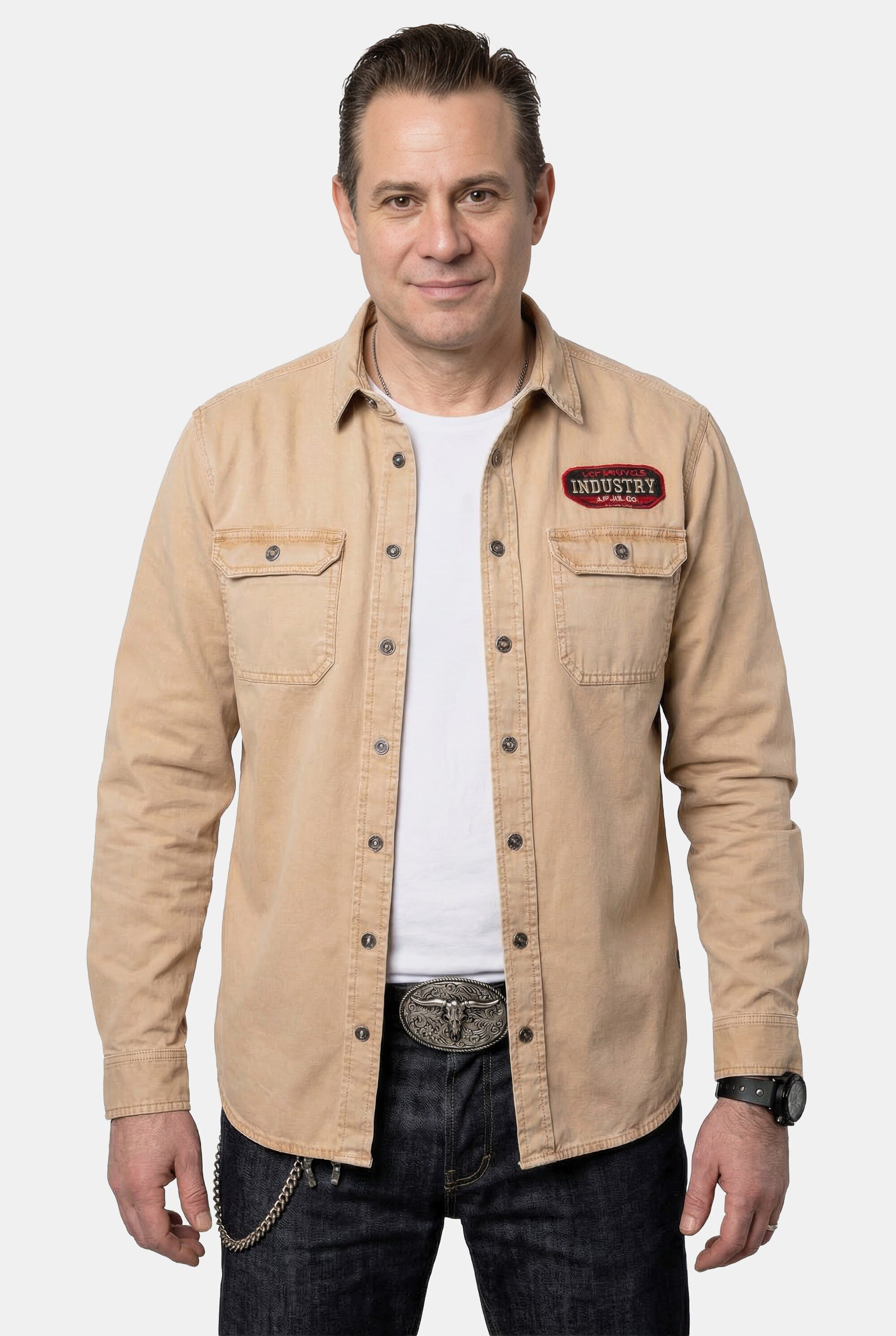 JP1880 Businesshemd Overshirt Hemd Kentkragen Vintage Look Badges