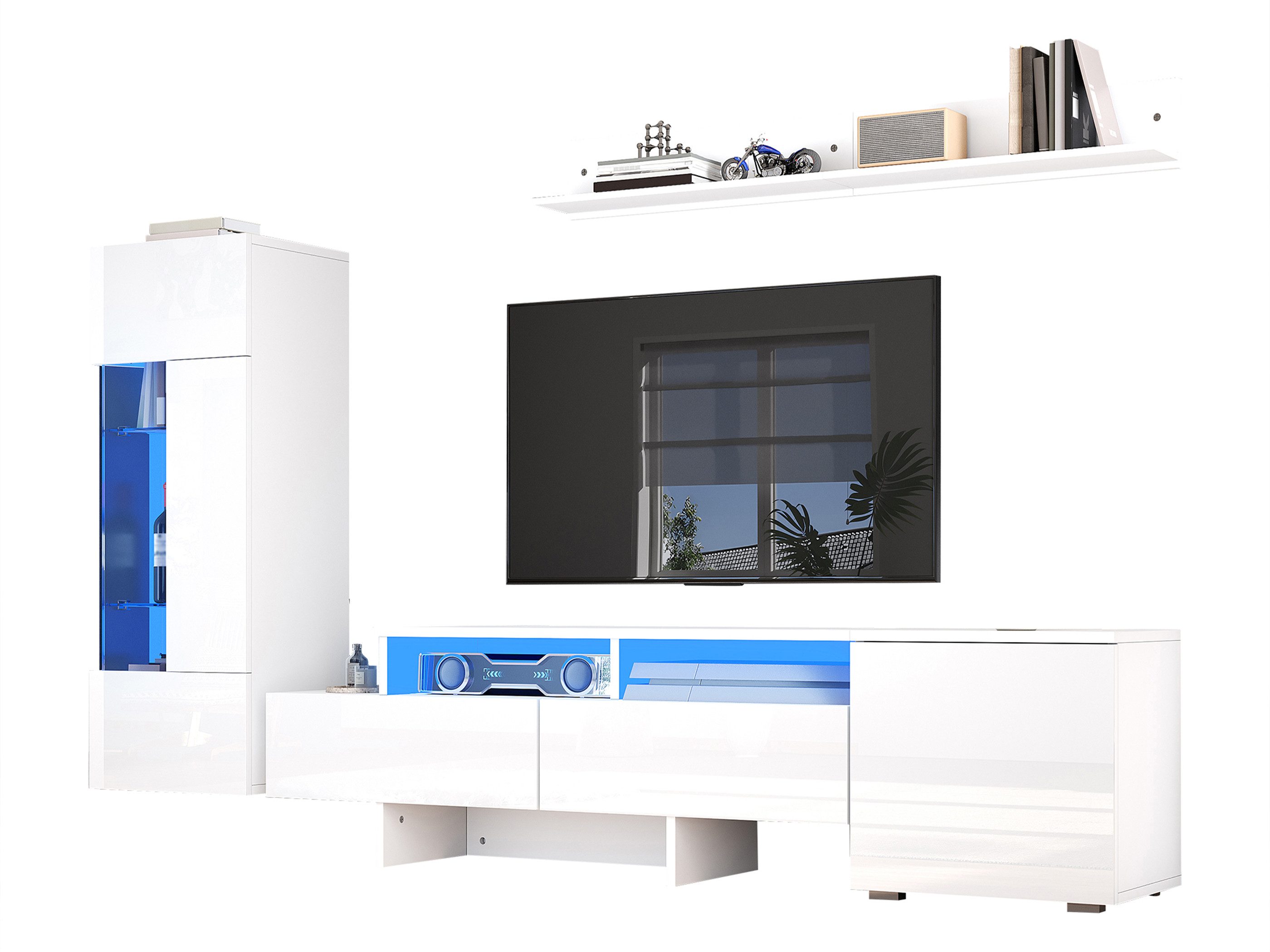 SeedWave Lowboard Wohnwand-Set mit 145cm TV-Schrank, H:100cm Vitrine mit LED, Hängeregal, Schränke mit Hochglanzfronten, Vitrine stehend / wandmontierbar