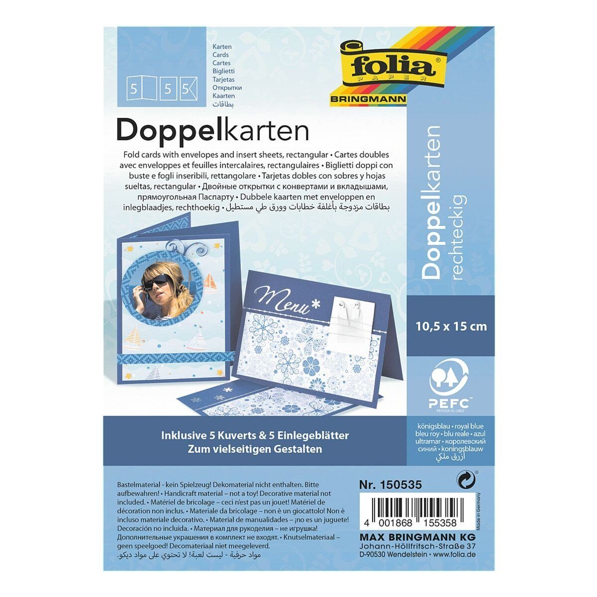 Folia Klappkarte, blanko, 5 Karten, 5 Umschläge und 5 Einlegeblätter