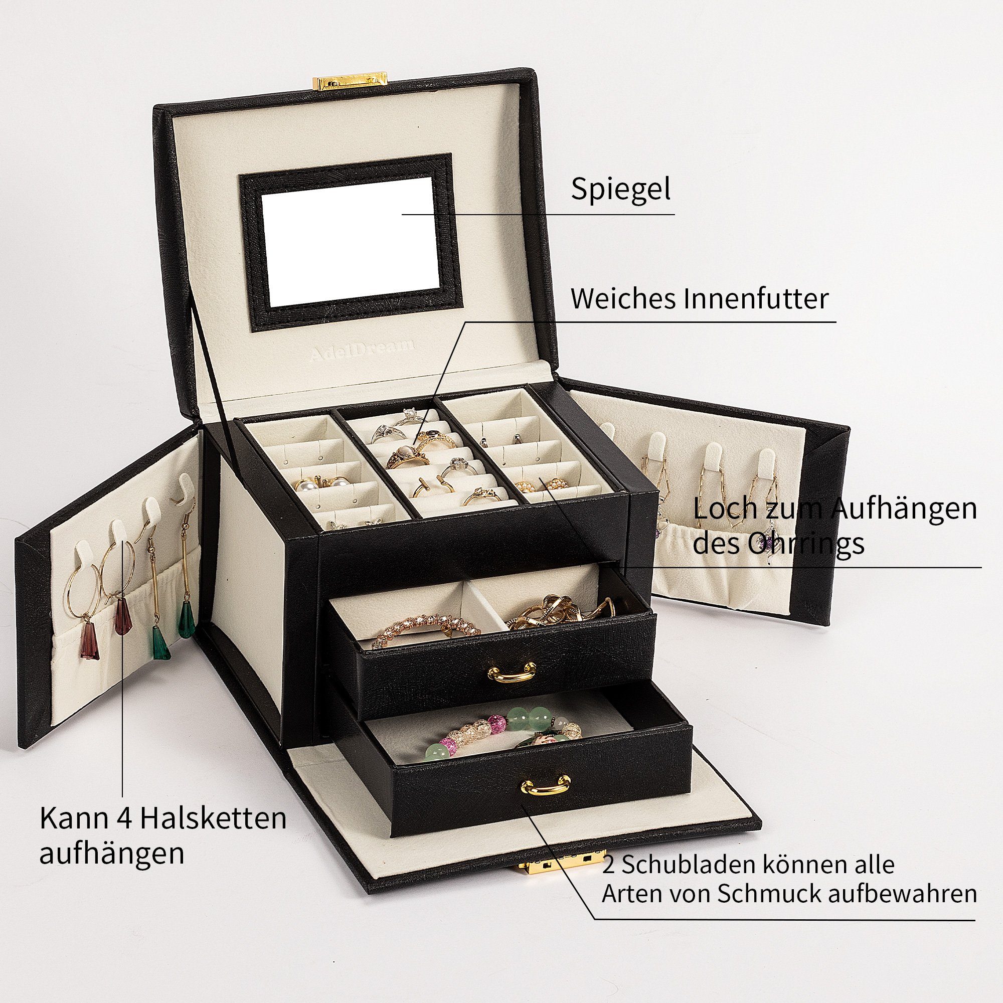 AdelDream Schmuckkasten Mini-Schmuckkästchen, 3 Ebenen, 2 Schubladen, 3 Far günstig online kaufen