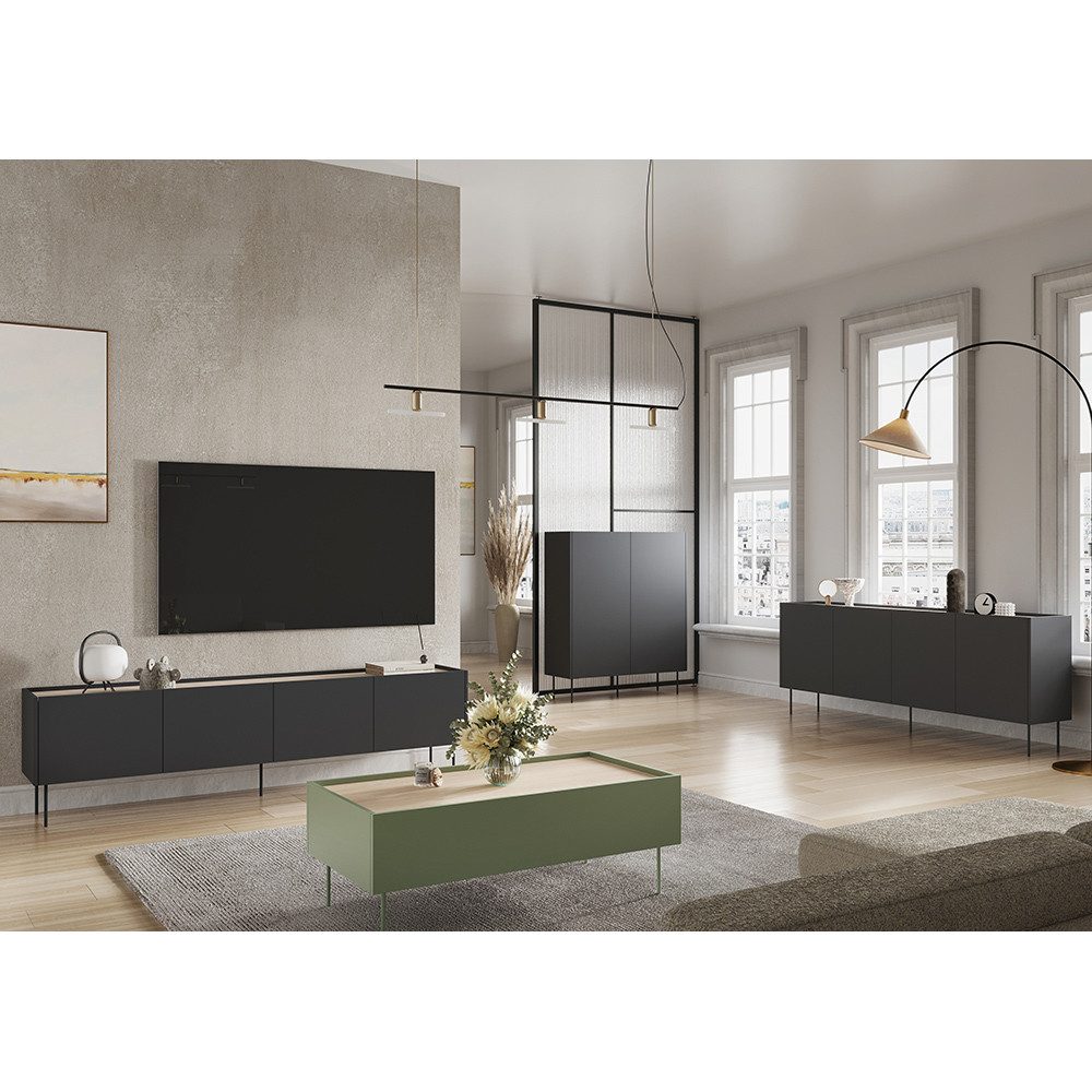 Lomadox Wohnzimmer-Set DELFT-141, (Mega-Spar-Set, 4-St., Couchtisch Highboard Lowboard Sideboard), in schwarz und olivgrün mit Eiche, Metallfüße, modern, grifflos