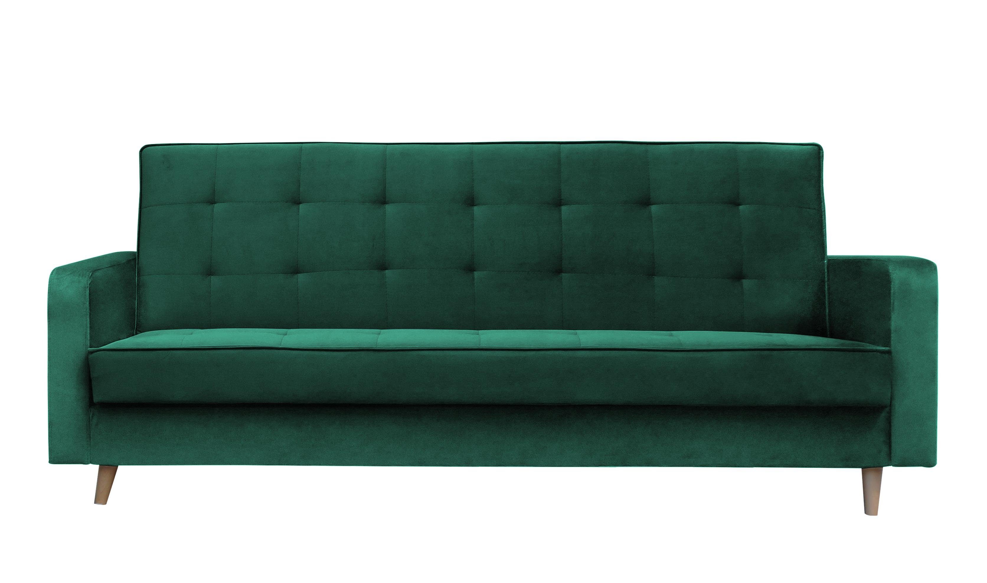 Beautysofa Schlafsofa Bamako, Sofa mit Stil, im und Couch Holzbeine Bettkasten, Schlaffunktion Flasches skandinavischen mit Polstersofa (kronos 19) grün