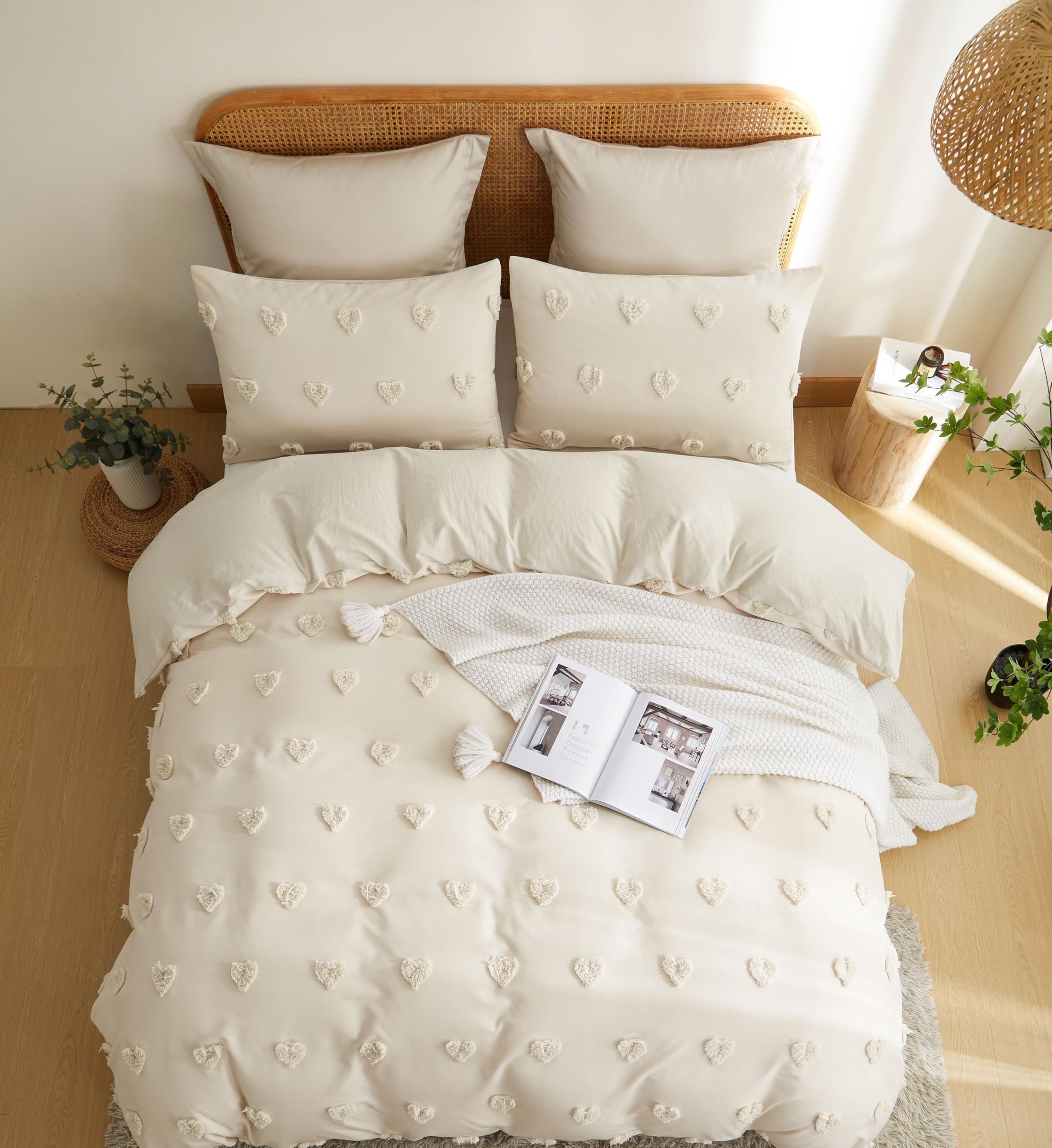 Fyrove Bettwäsche Böhmen Bettwäsche Getuftet Herz Boho Stickerei Shabby Chic 135x200cm, Microfaser Weiche Bettbezug mit Reißverschluss und Kissenbezug 80x80cm – Bild 2 von 5