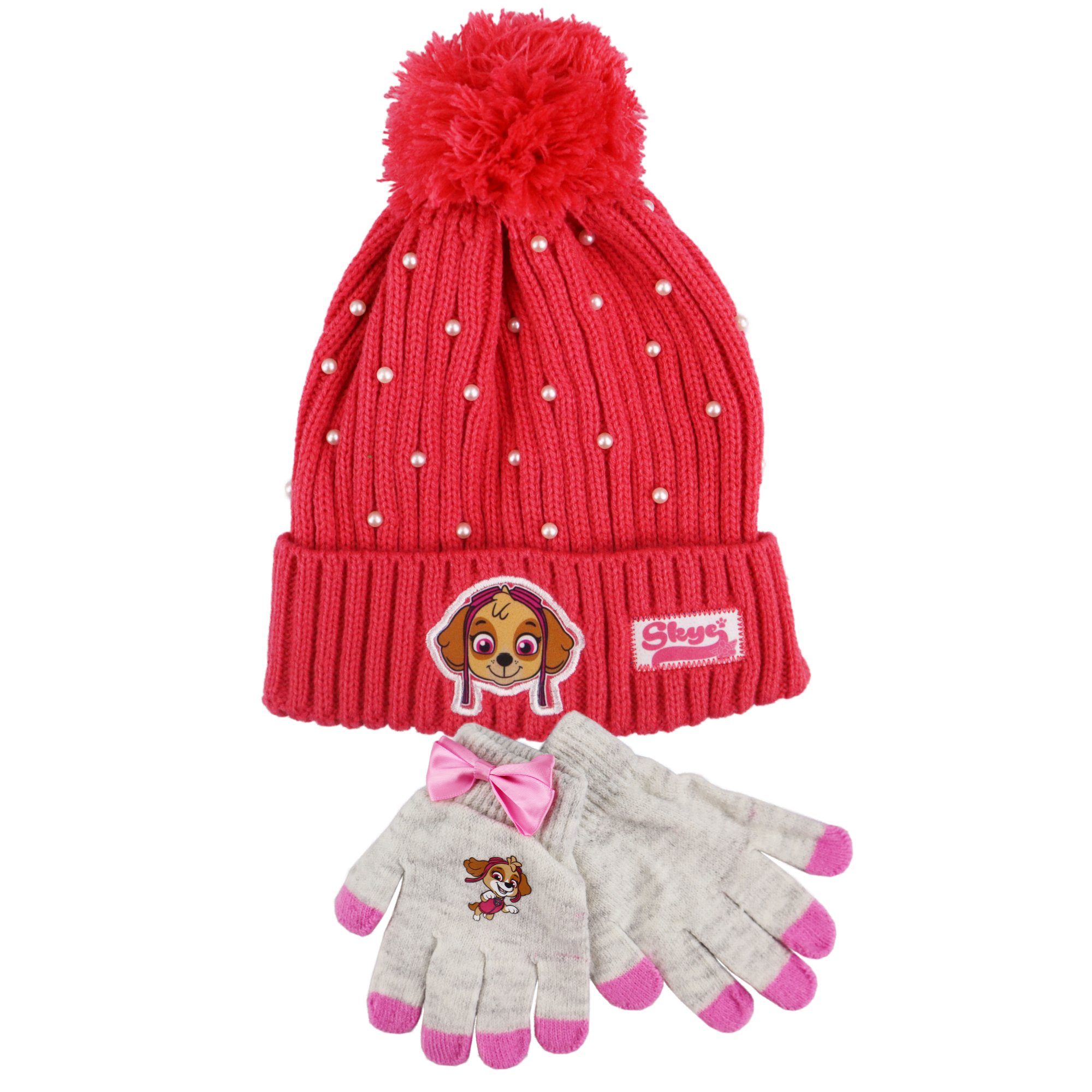 PAW PATROL Bommelmütze Paw Patrol Skye Kinder Winter Bommel Mütze mit Perlen plus Handschuhe Gr. 52 bis 54