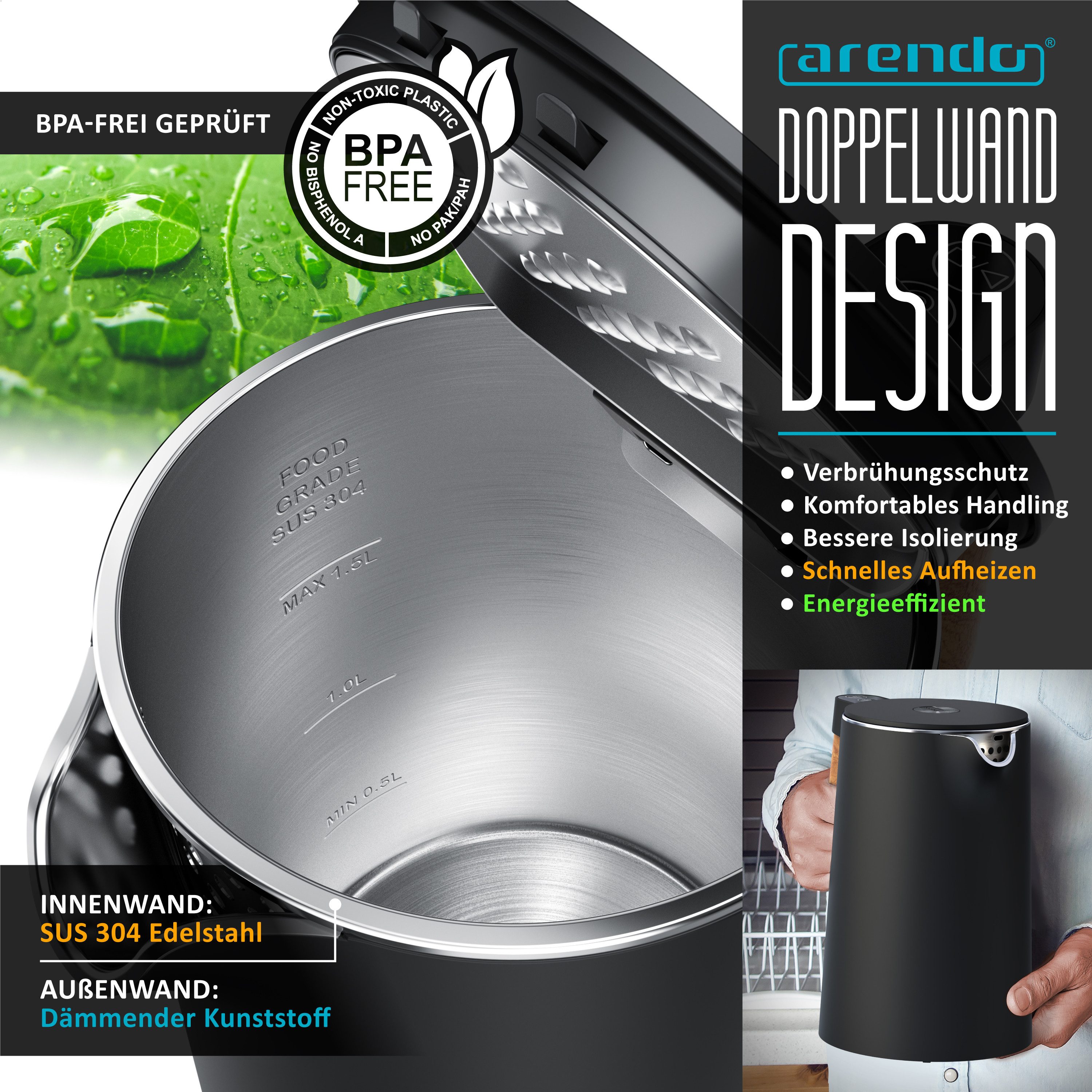 Arendo Frühstücks-Set Edelstahl Wasserkocher 1,5l, 4-Scheiben Langschlitz Toaster, Cool Grey (2-tlg), Wasserkocher mit Temperatureinstellung, Toaster Brötchenaufsatz, Touch