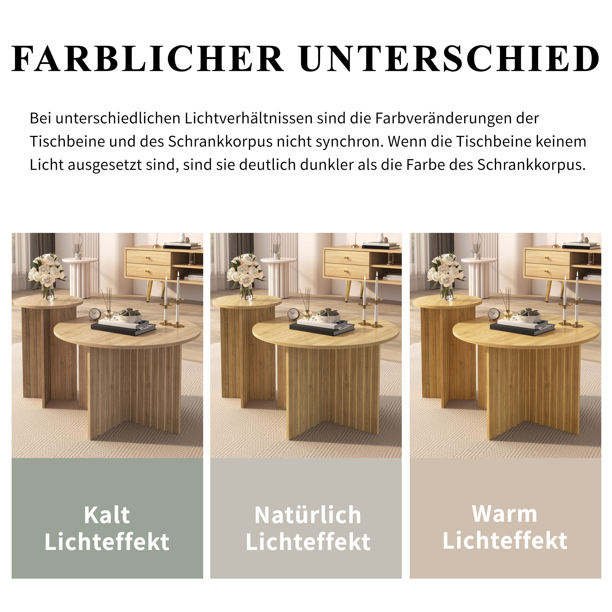 Merax Couchtisch Set rund Satztisch Wohnzimmertisch, im skandinavischen Design (2-St), Wohnzimmertisch Nest-Tisch-Set aus Holzoptik, Beistelltisch – Bild 4 von 5
