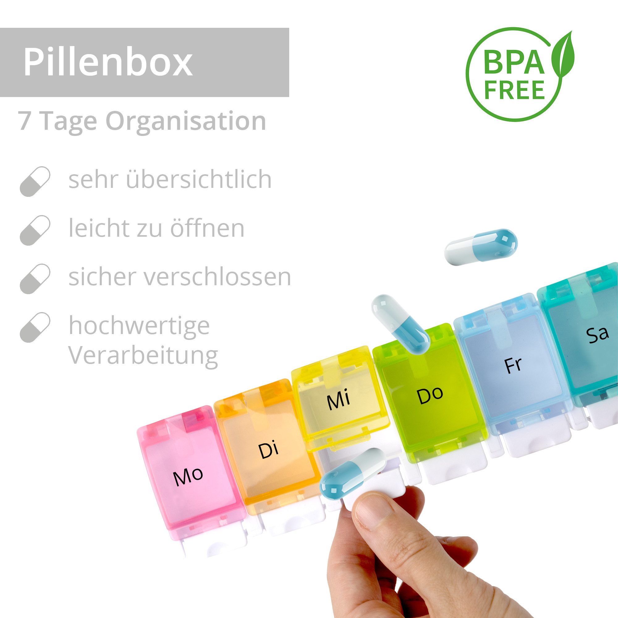 Smart-Planet Pillendose Pillendose 7 Tage– Seniorenfreundliche Medikamentenbox mit Wochentagen