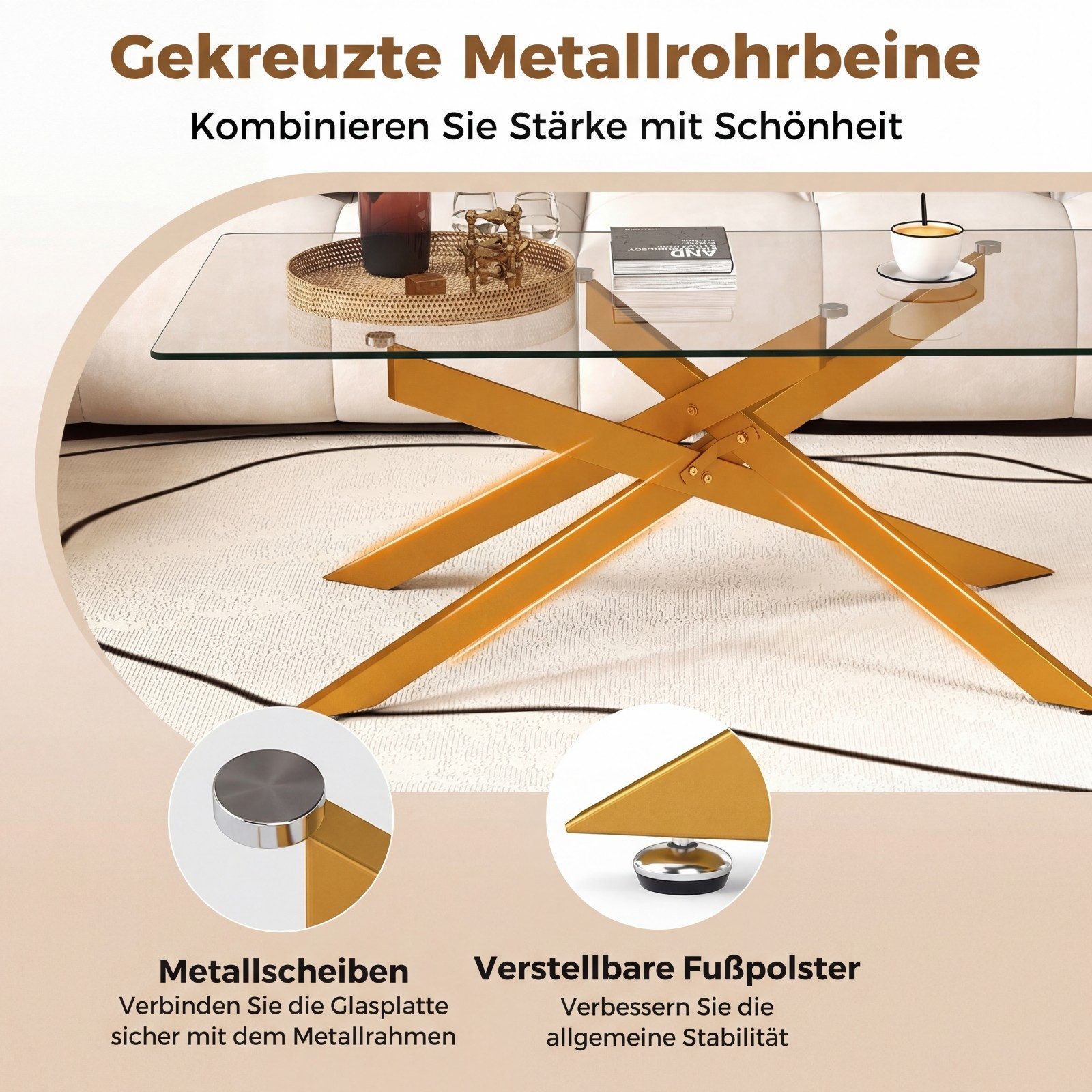 COSTWAY Couchtisch, rechteckiger Glastisch mit Metall-Rohrrahmen Wohnzimmertisch
