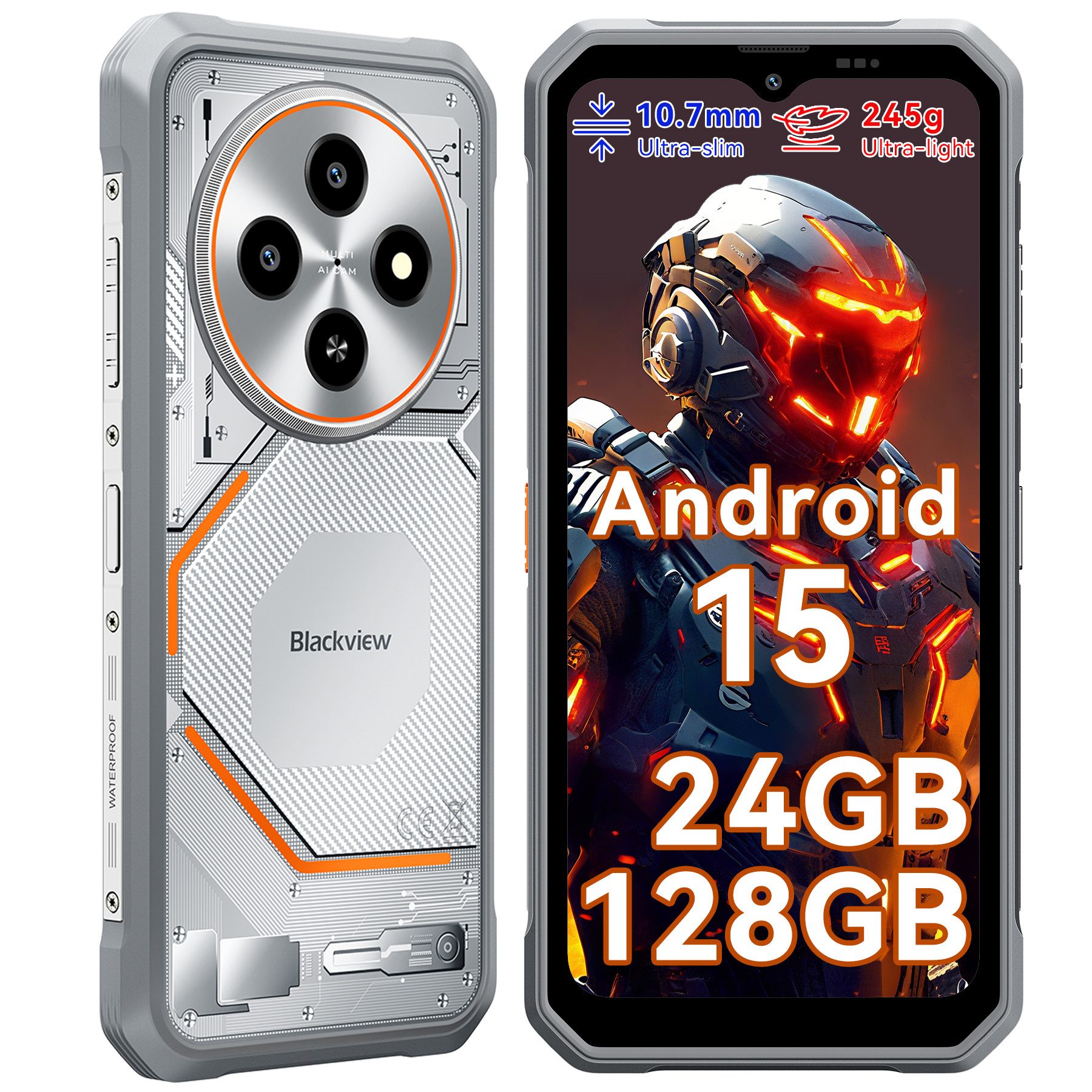 blackview FORT 2 Ultradünnes Robustphone: Nur 10.7mm, AI-Dreifachkamera Outdoor Smartphone (6.56 Zoll, 128 GB Speicherplatz, DokeOS 5.0, Android 15, 24GB, 16MP, 5W OTG)